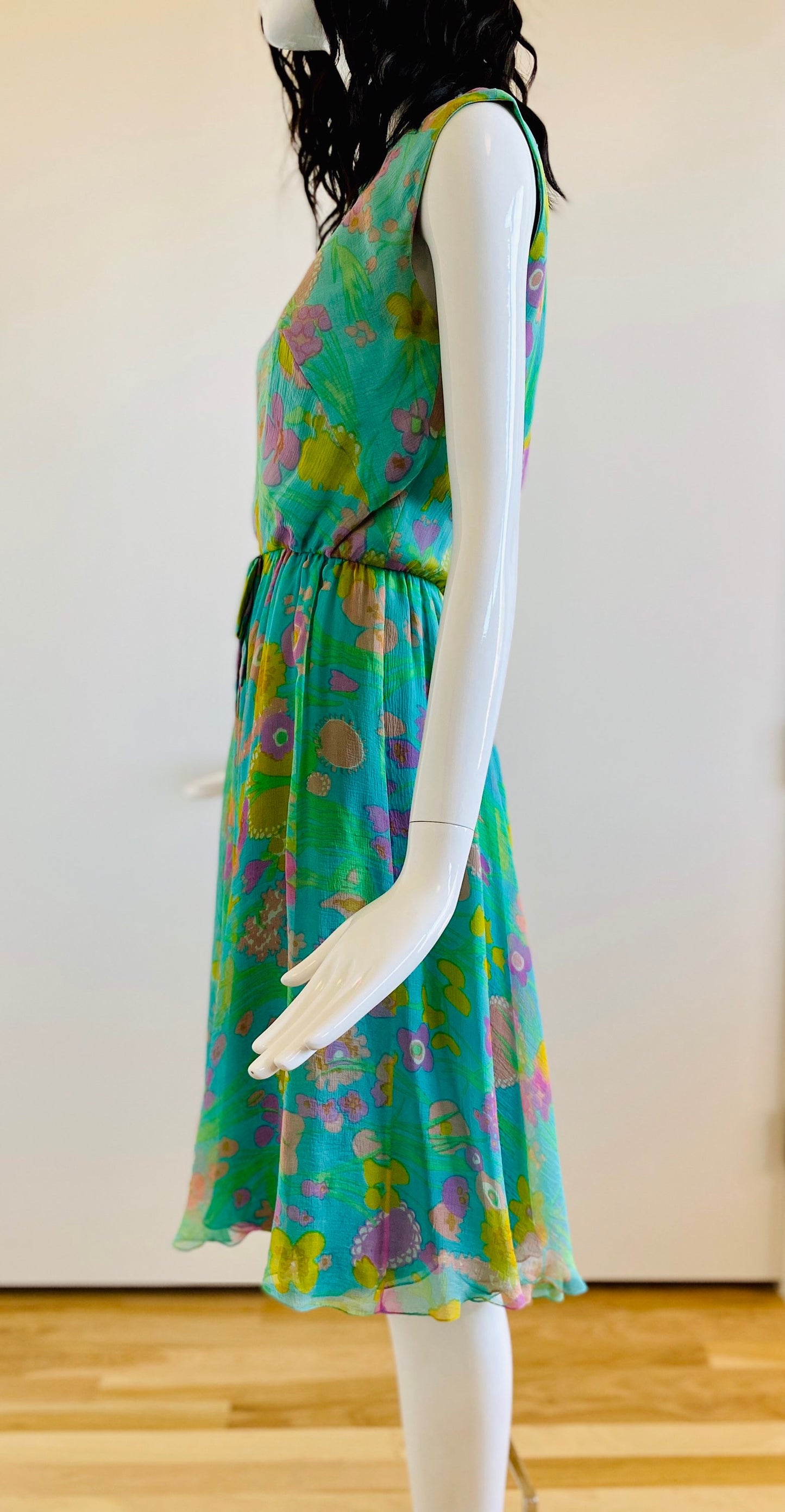 60s Mollie PARNIS Psychedelic Floral Silk Chiffon Full Skirt Sleeveless Dress