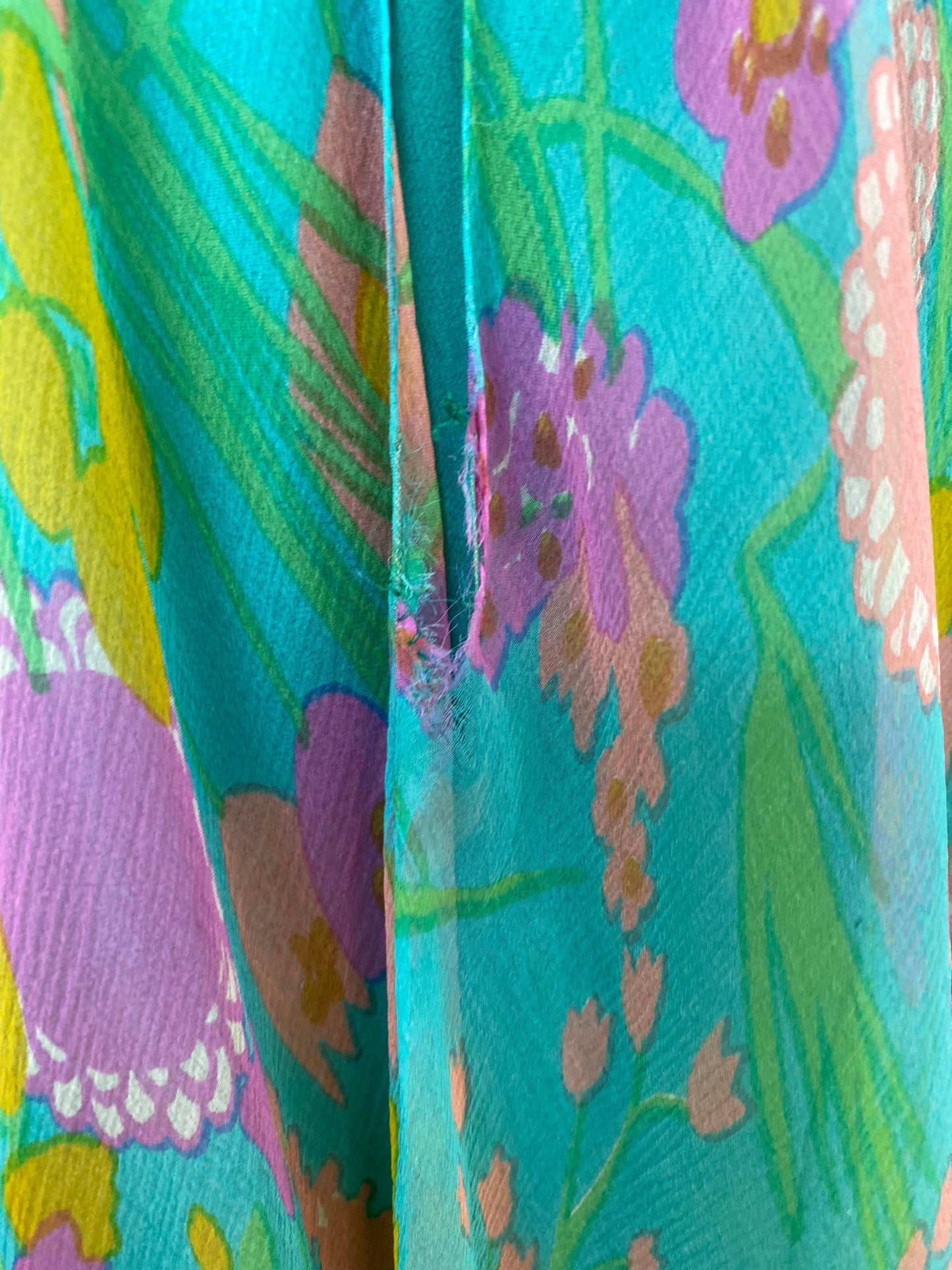 60s Mollie PARNIS Psychedelic Floral Silk Chiffon Full Skirt Sleeveless Dress