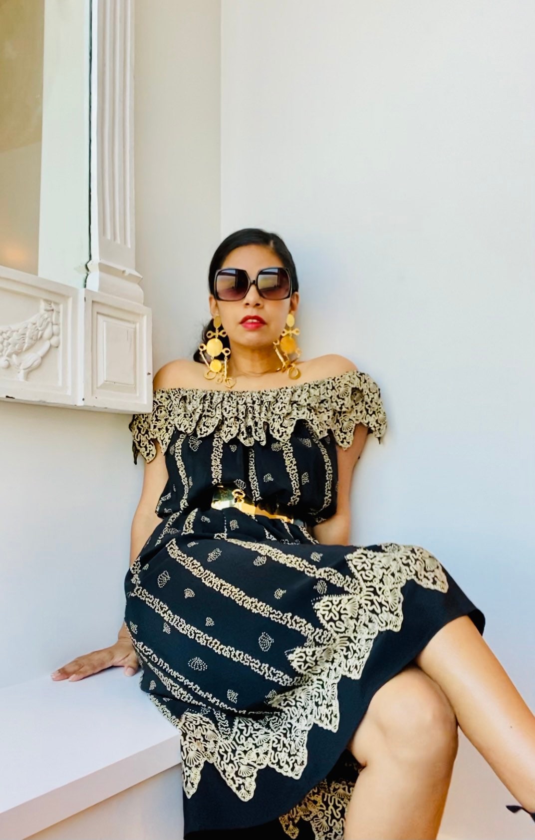 70s Zandra RHODES London Silk Iconic Print Black off The Shoulders Dress Medium