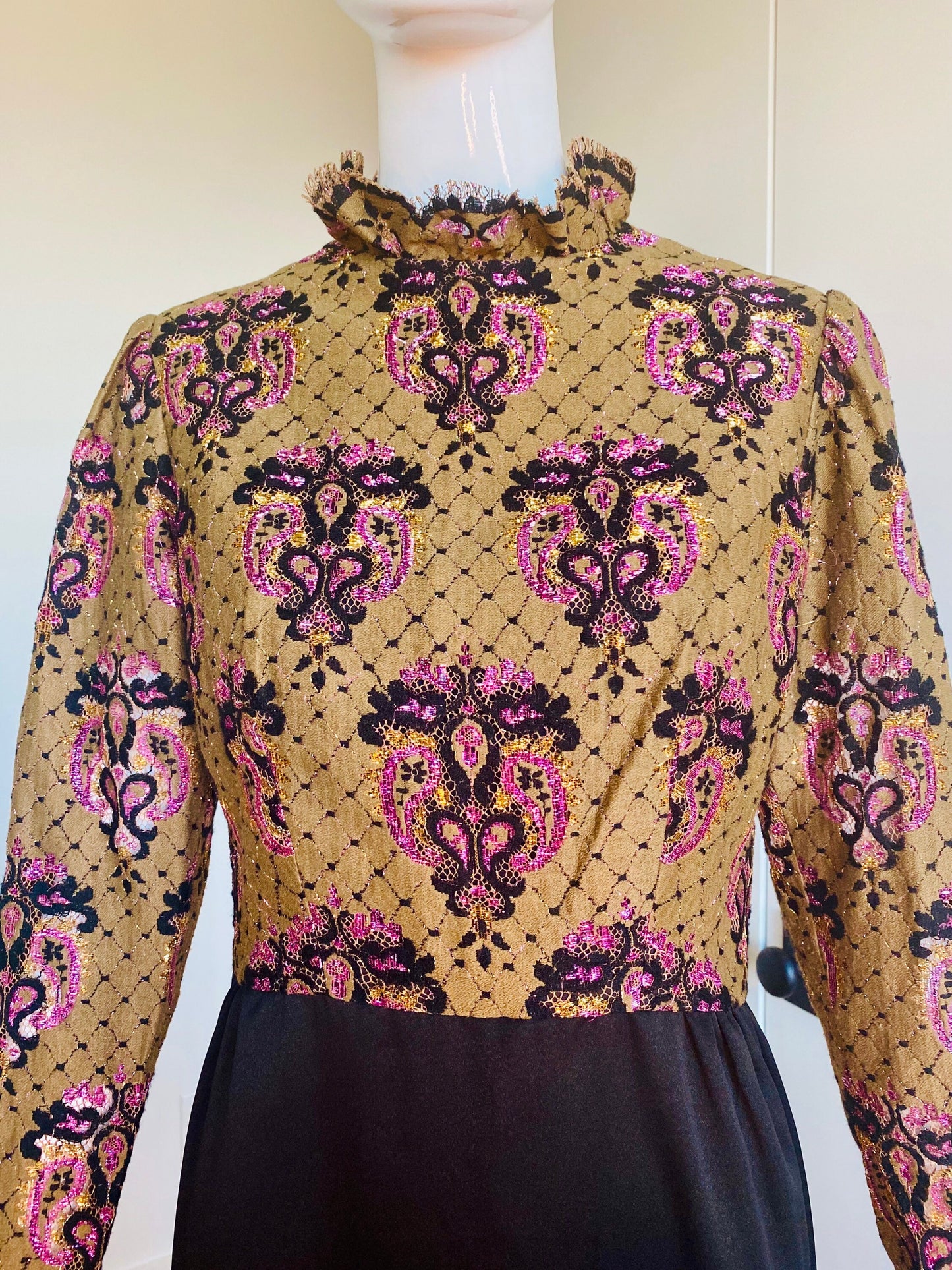 Small Late 60s Early 70s Brocade Ruffled High Collar Puffy Dramatic Long Sleeves Maxi Gown With Side Sleeves