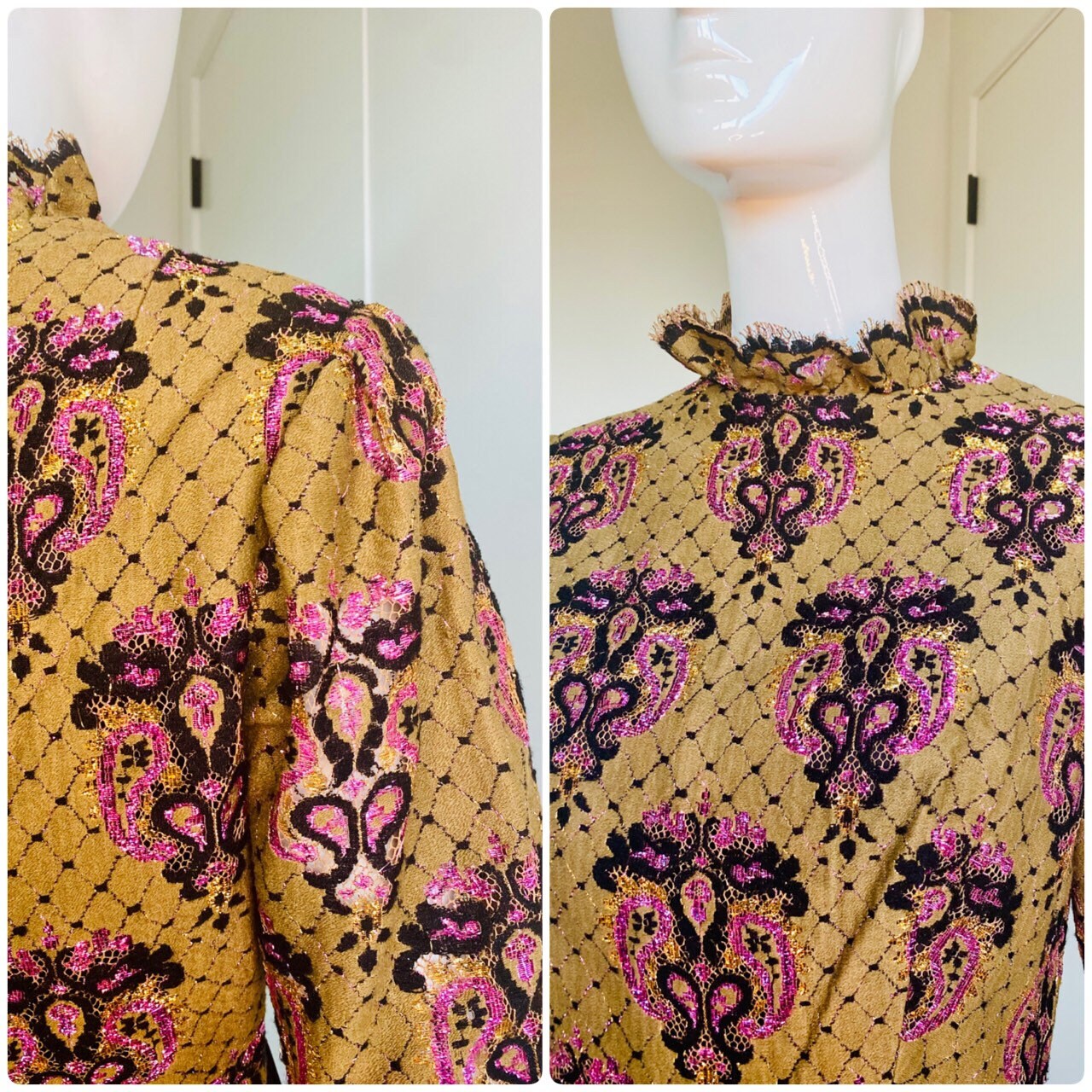 Small Late 60s Early 70s Brocade Ruffled High Collar Puffy Dramatic Long Sleeves Maxi Gown With Side Sleeves