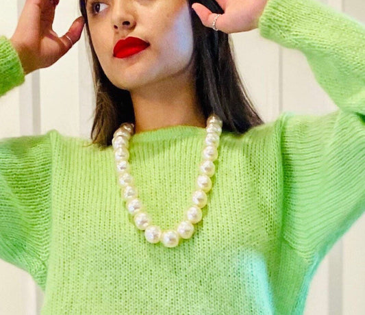 50s MCM Oversized Pearl Long Artificial Pearl Hand Knotted String Necklace 28" long