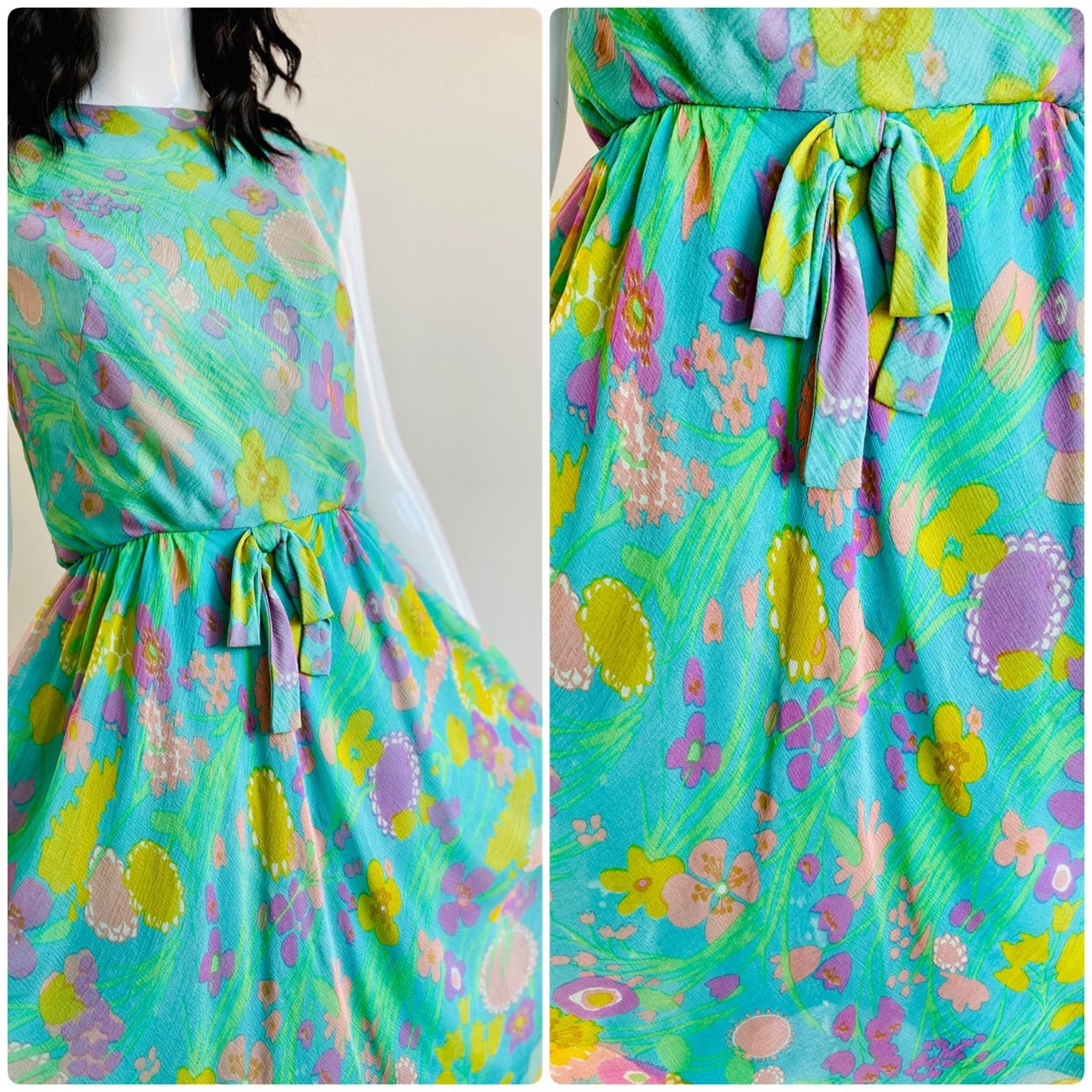 60s Mollie PARNIS Psychedelic Floral Silk Chiffon Full Skirt Sleeveless Dress
