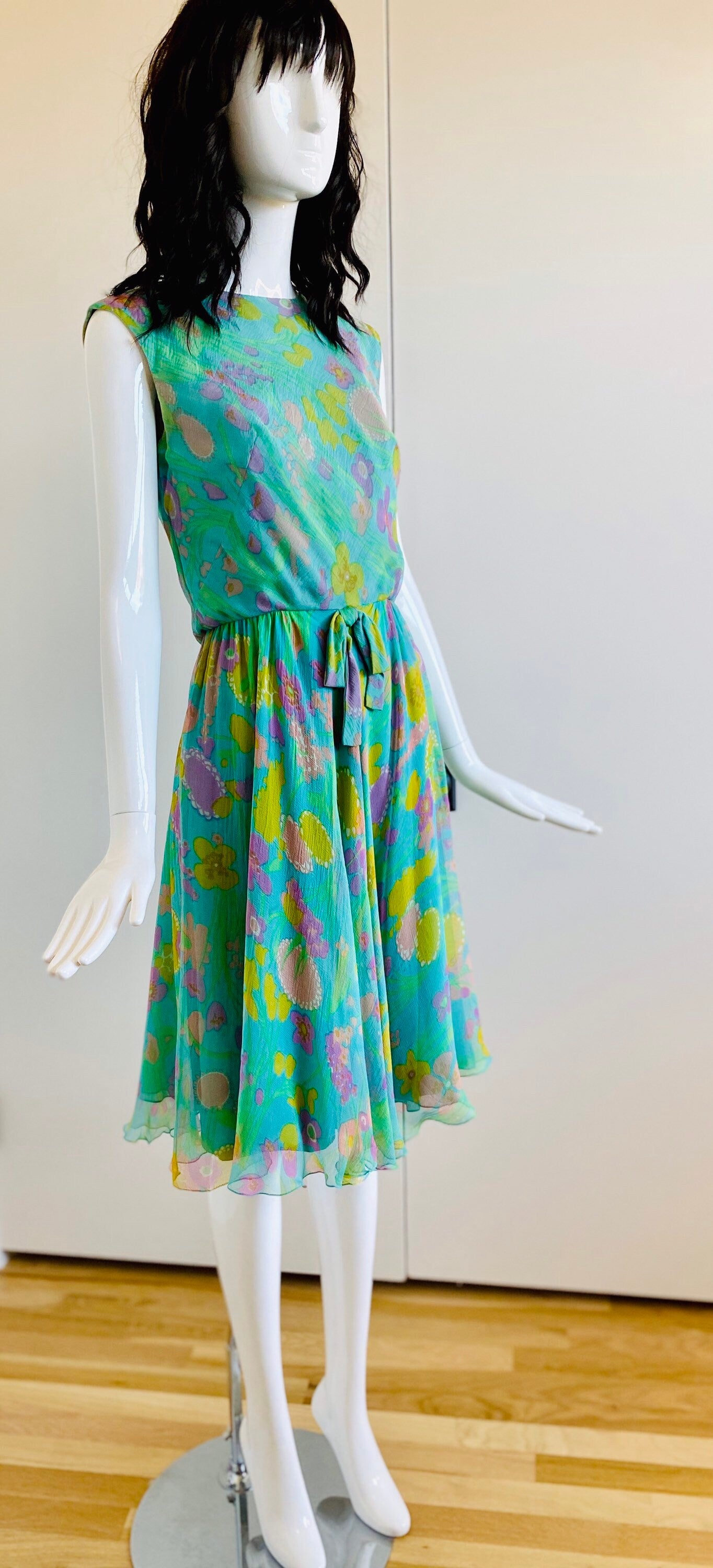 60s Mollie PARNIS Psychedelic Floral Silk Chiffon Full Skirt Sleeveless Dress