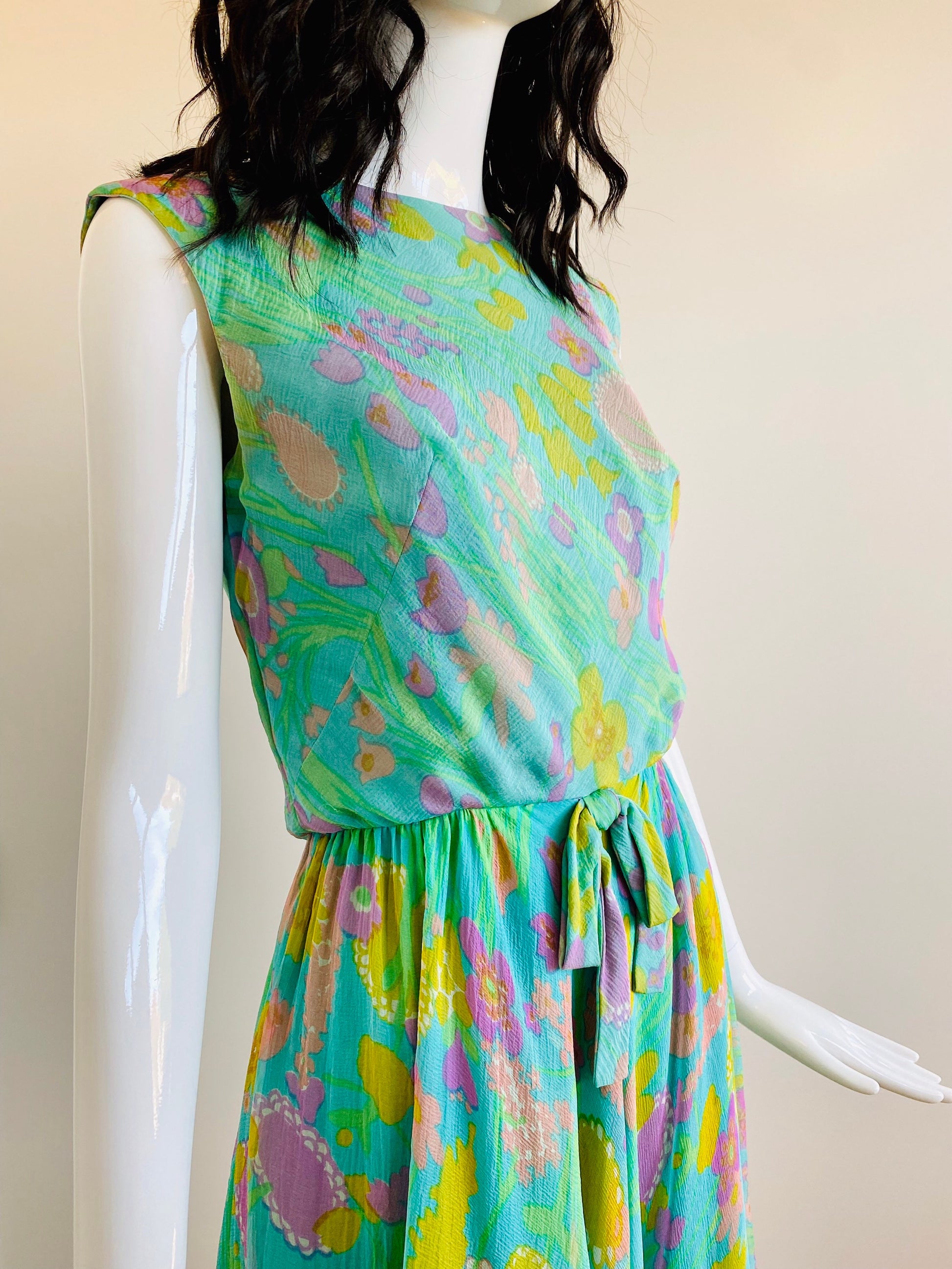 60s Mollie PARNIS Psychedelic Floral Silk Chiffon Full Skirt Sleeveless Dress