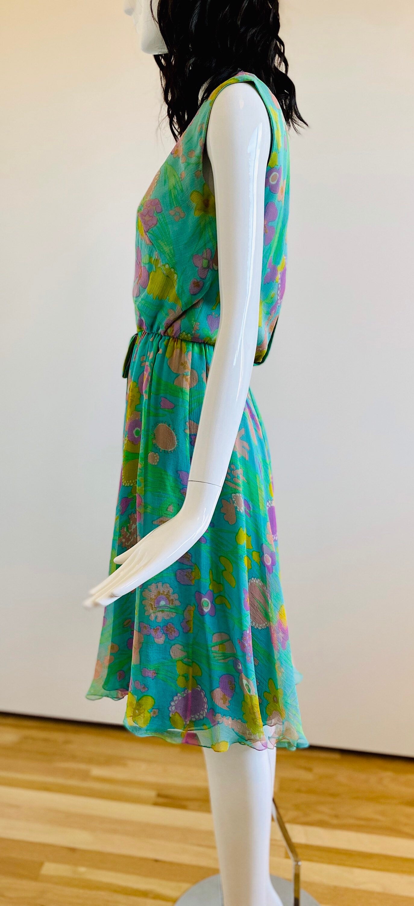 60s Mollie PARNIS Psychedelic Floral Silk Chiffon Full Skirt Sleeveless Dress