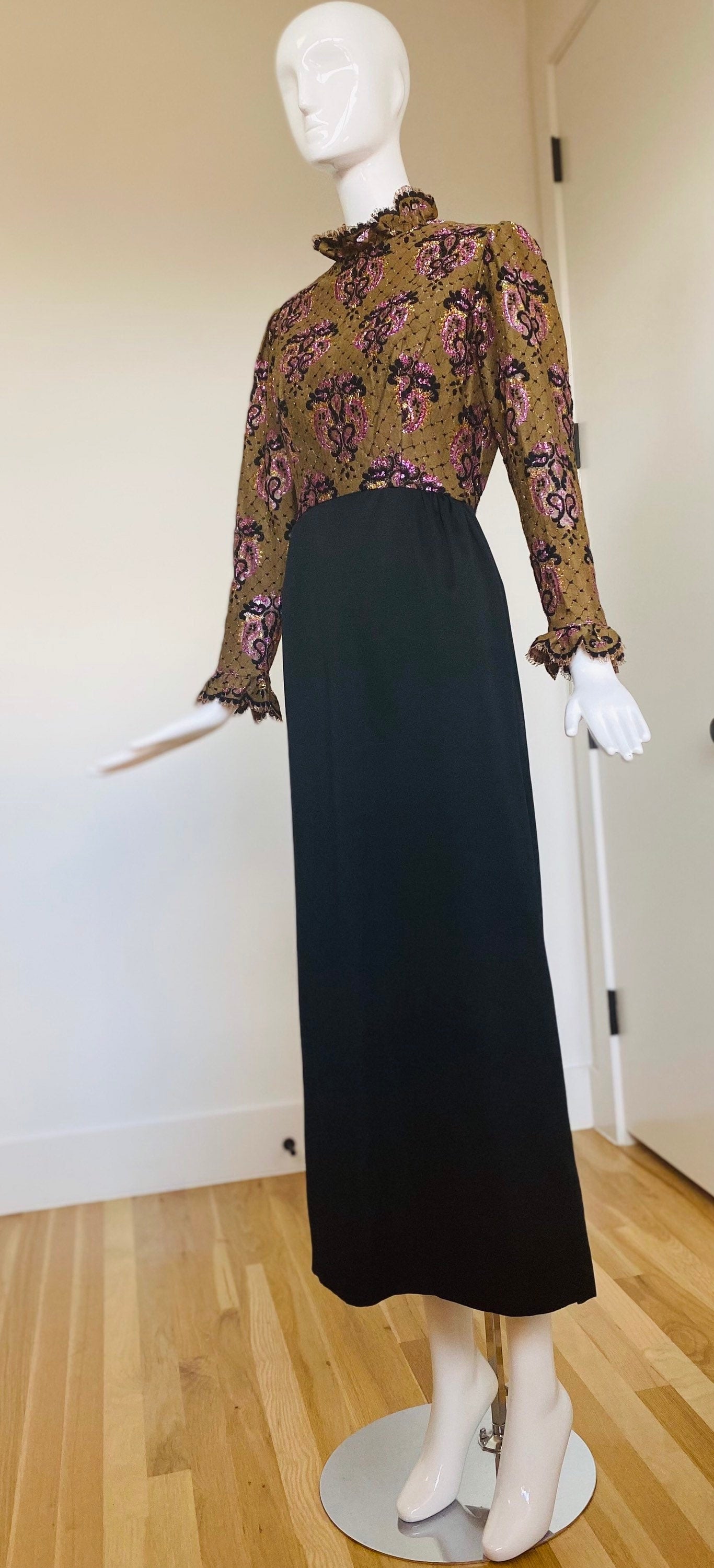 Small Late 60s Early 70s Brocade Ruffled High Collar Puffy Dramatic Long Sleeves Maxi Gown With Side Sleeves
