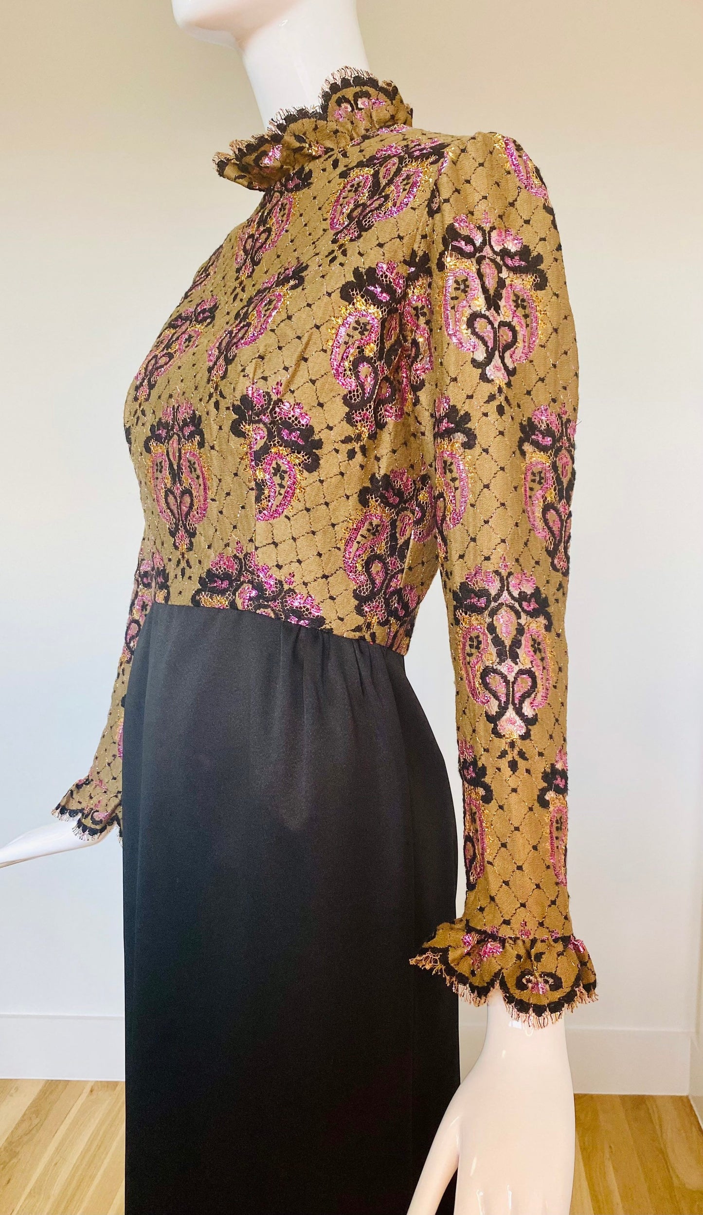 Small Late 60s Early 70s Brocade Ruffled High Collar Puffy Dramatic Long Sleeves Maxi Gown With Side Sleeves