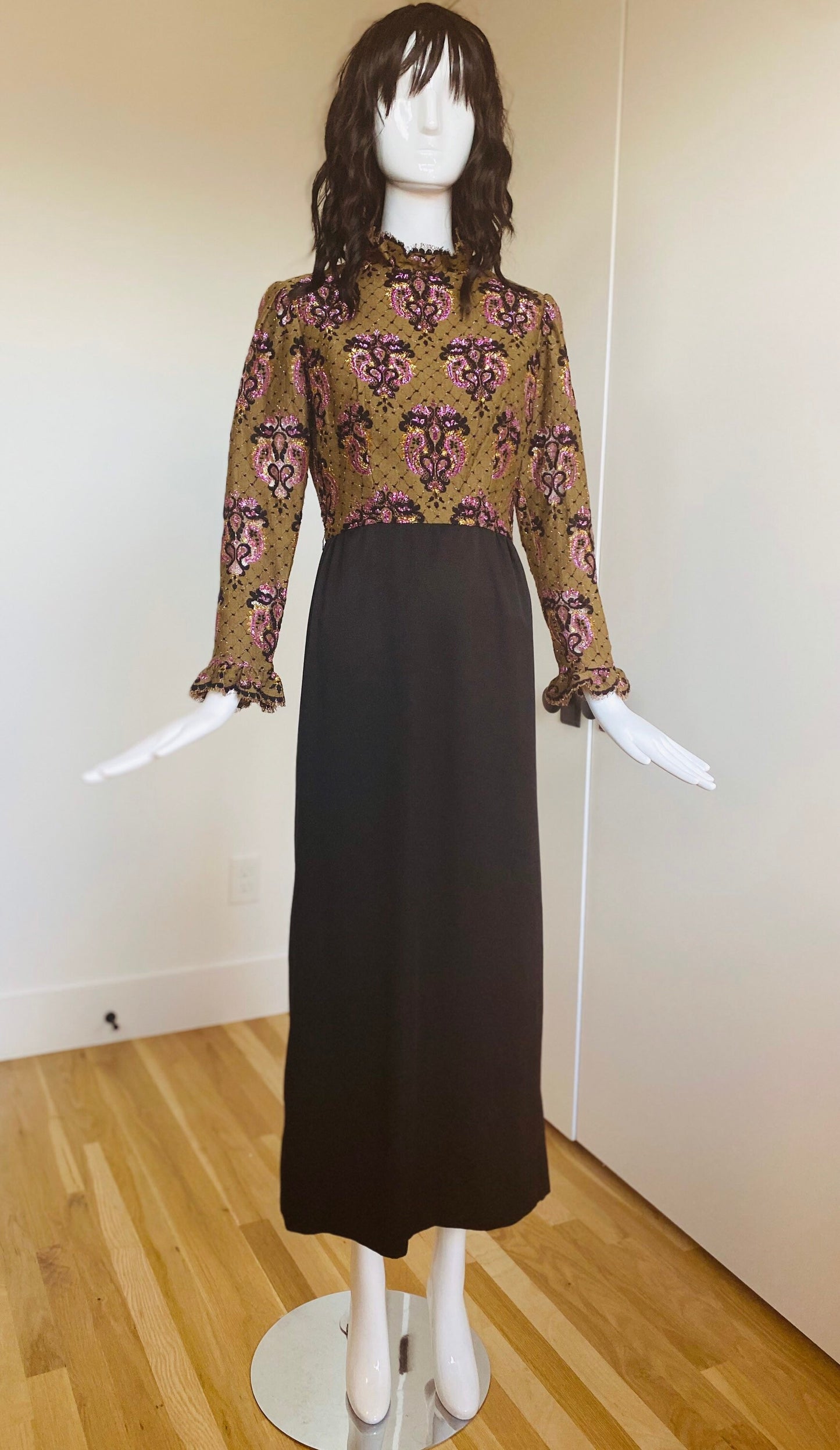 Small Late 60s Early 70s Brocade Ruffled High Collar Puffy Dramatic Long Sleeves Maxi Gown With Side Sleeves