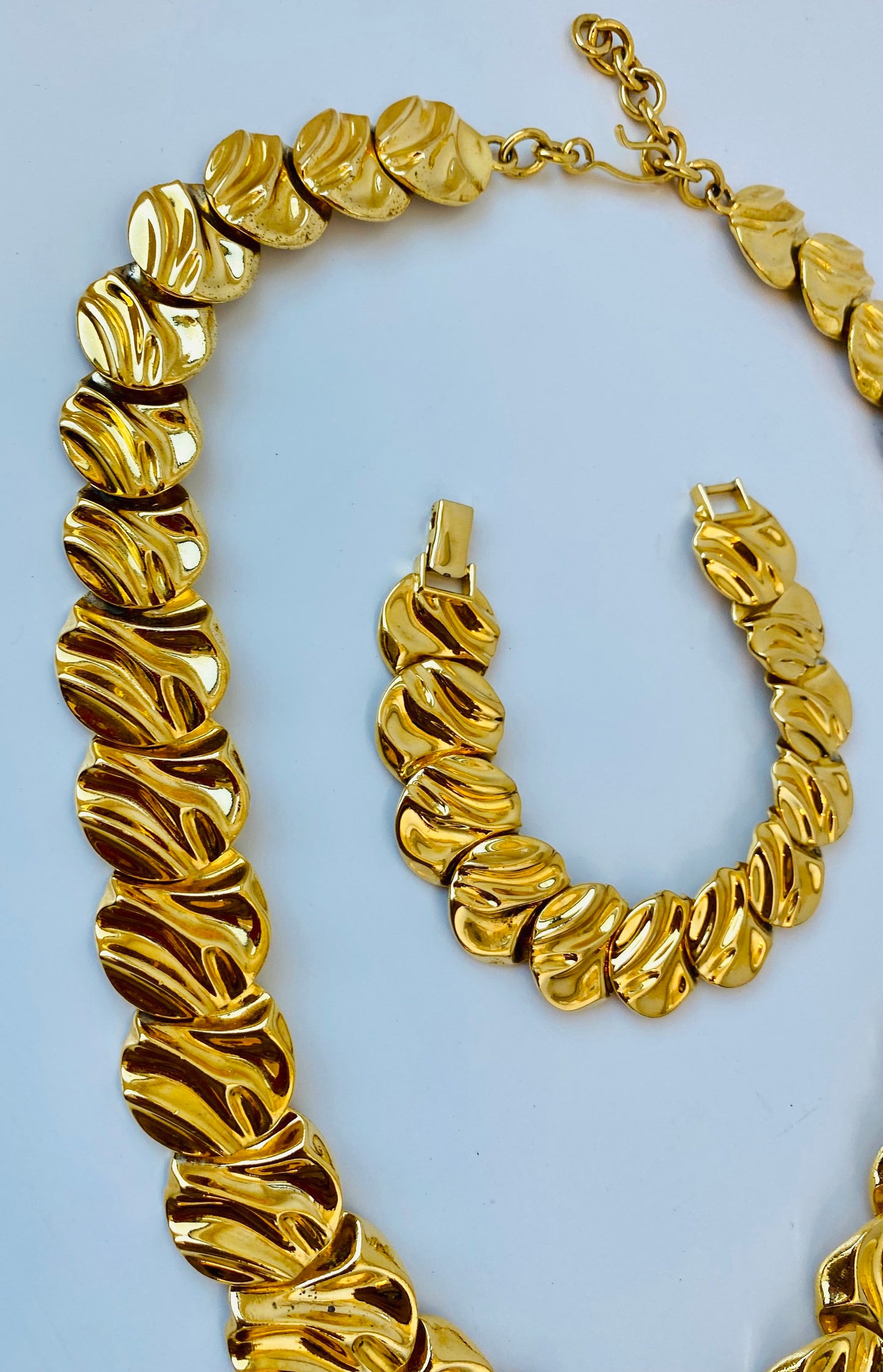 80s Signed Monet Gold Plated Chunky Long Linked Necklace and Bracelet Set