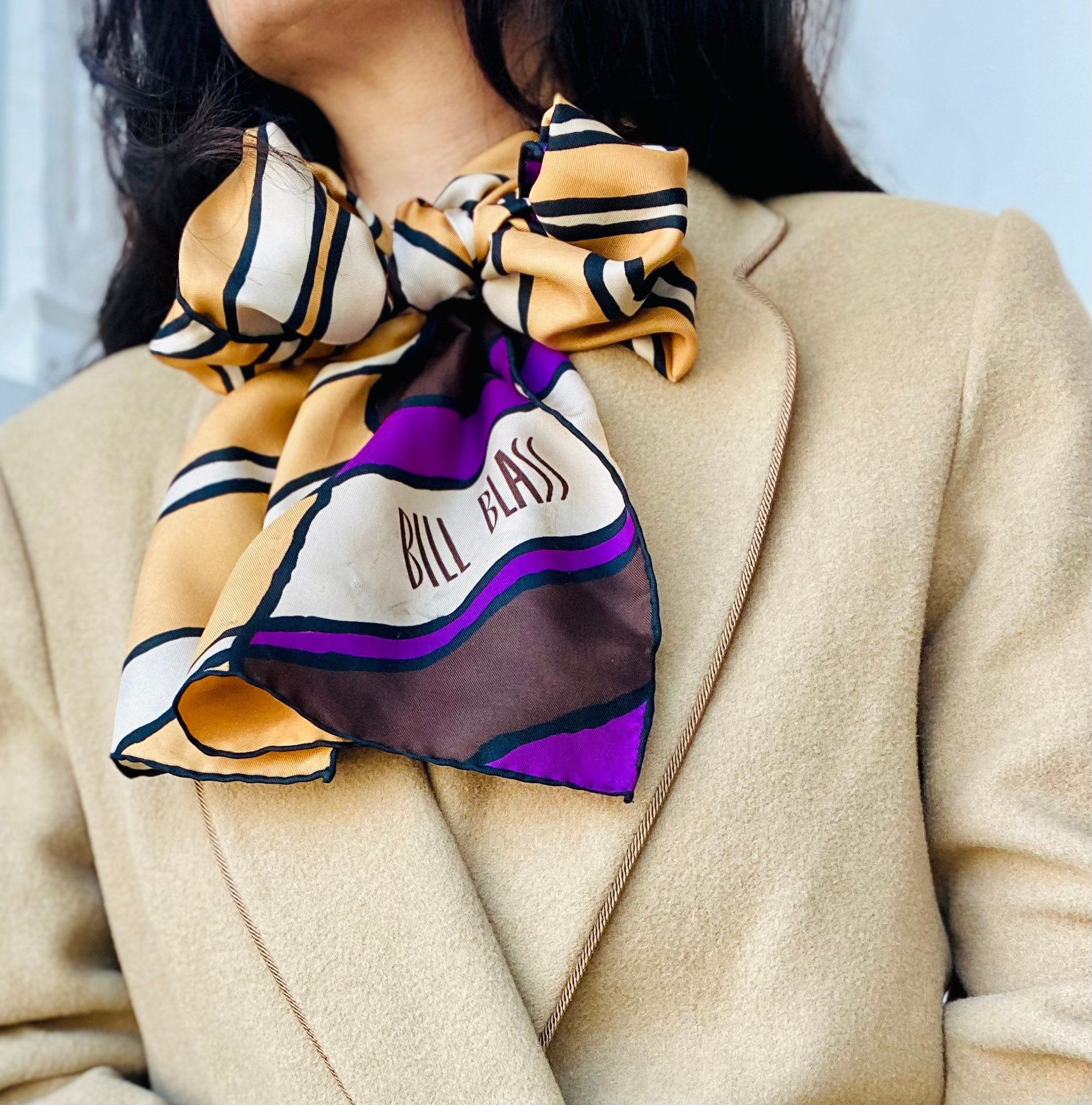 70s Groovy Retro Oversized Bill Blass Long Silk Scarf Hand Rolled 58" X 13"