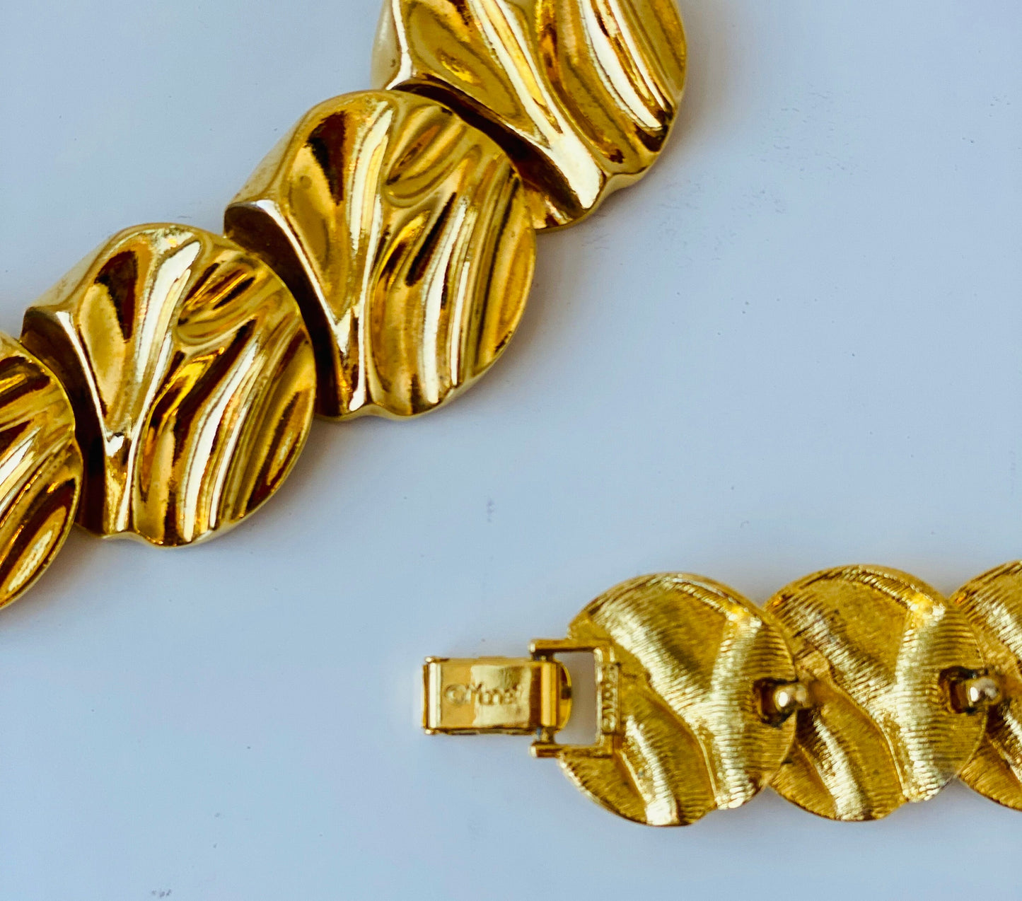 80s Signed Monet Gold Plated Chunky Long Linked Necklace and Bracelet Set