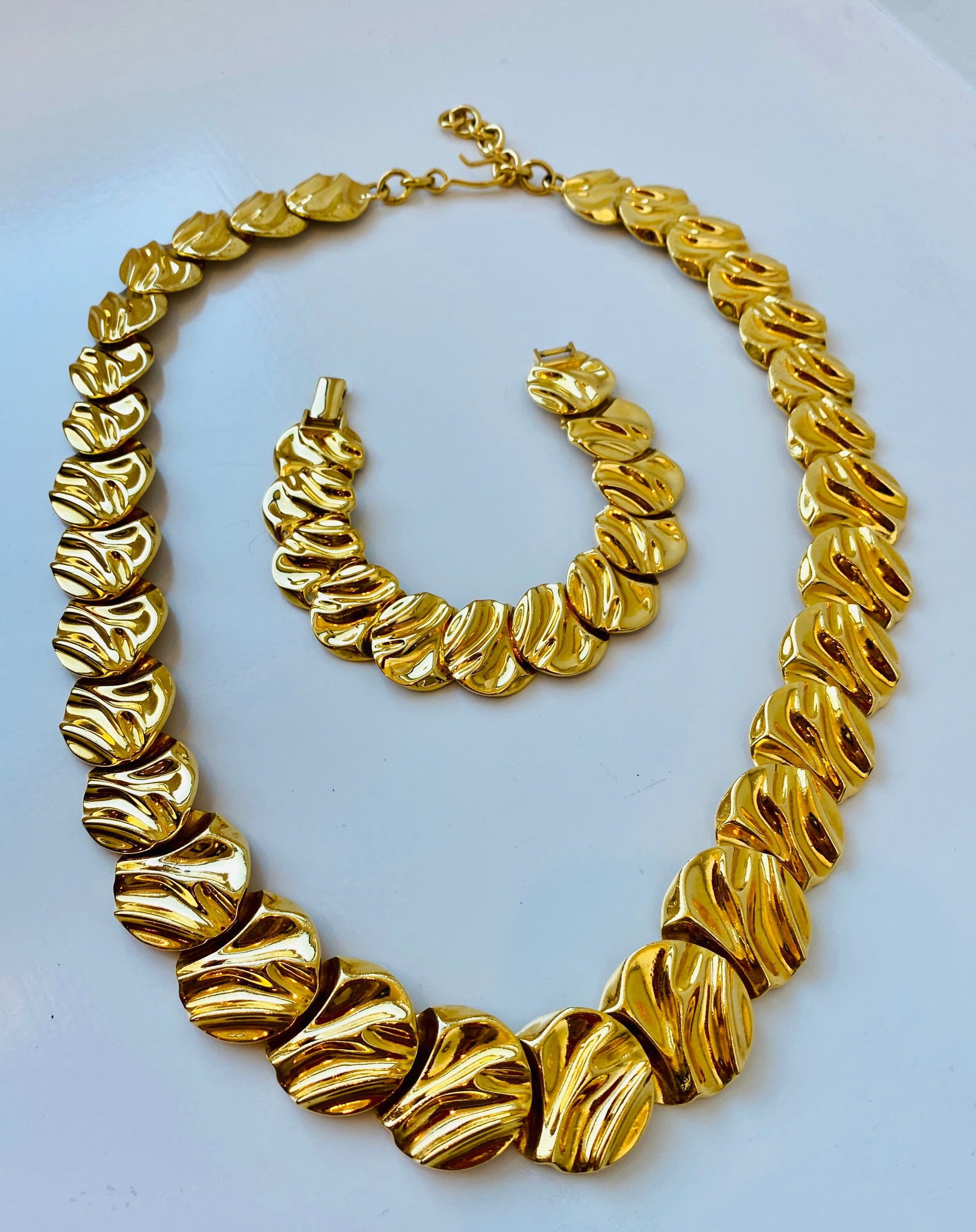 80s Signed Monet Gold Plated Chunky Long Linked Necklace and Bracelet Set