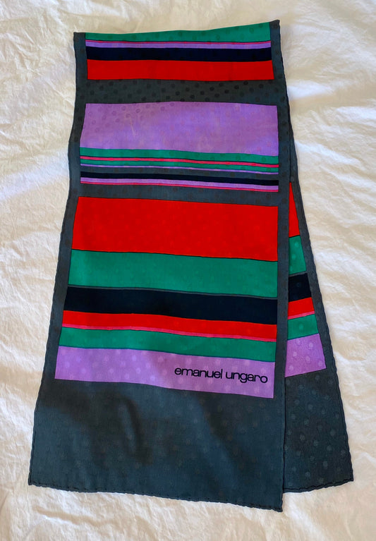 70s Emanuel Ungaro Rainbow Fun Stripe Long Silk Scarf Hand Rolled 42" X 11"