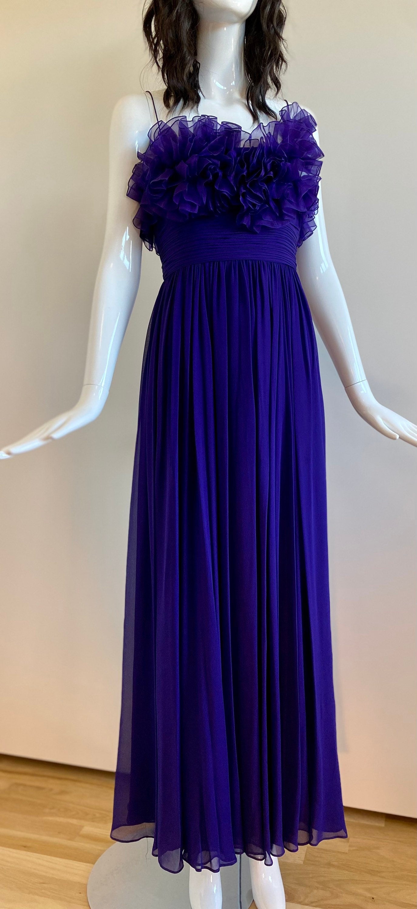 MARCHESA Notte Purple Silk Chiffon Ruffled 3D Strappy Maxi Gown Size 4