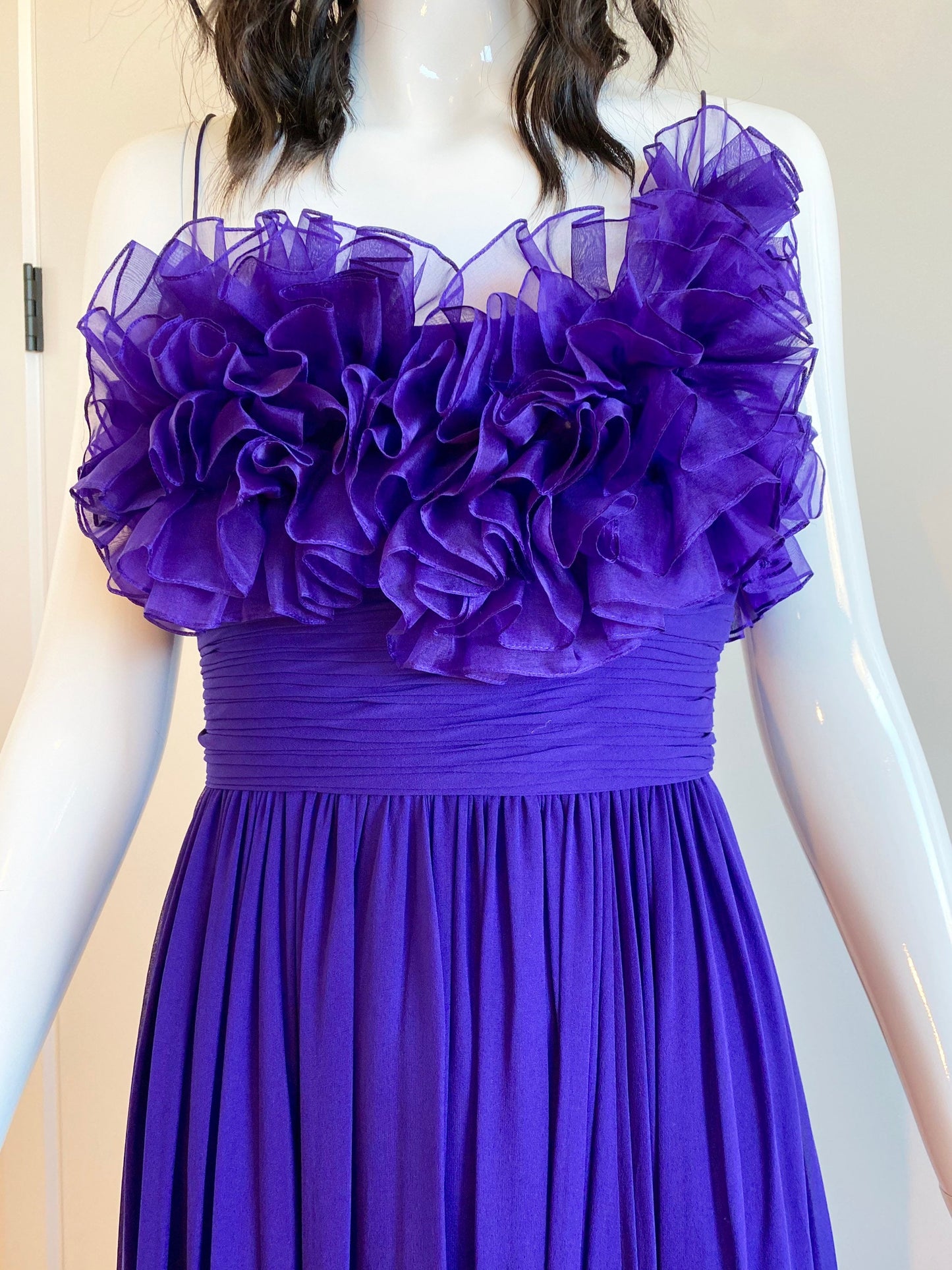 MARCHESA Notte Purple Silk Chiffon Ruffled 3D Strappy Maxi Gown Size 4