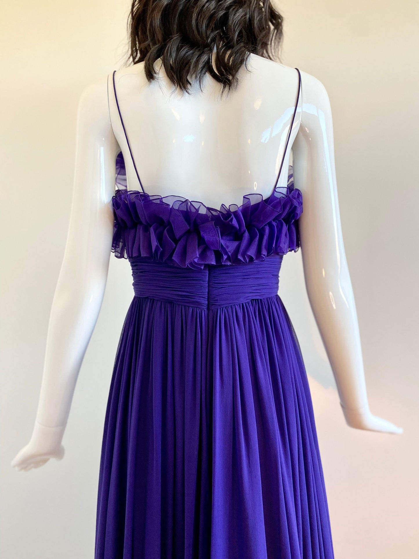 MARCHESA Notte Purple Silk Chiffon Ruffled 3D Strappy Maxi Gown Size 4
