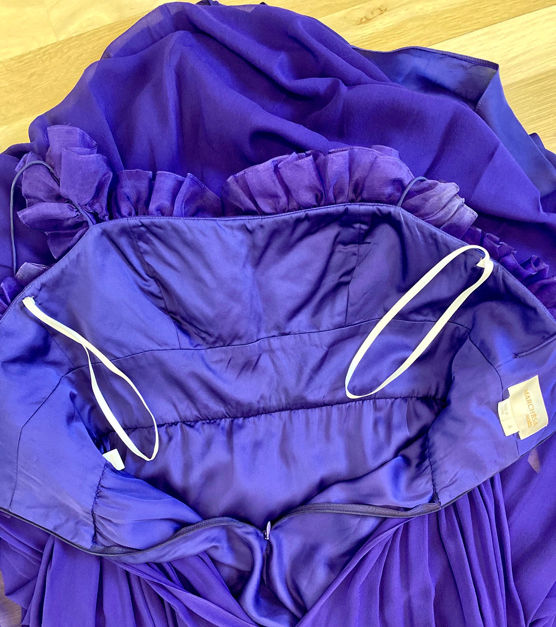 MARCHESA Notte Purple Silk Chiffon Ruffled 3D Strappy Maxi Gown Size 4