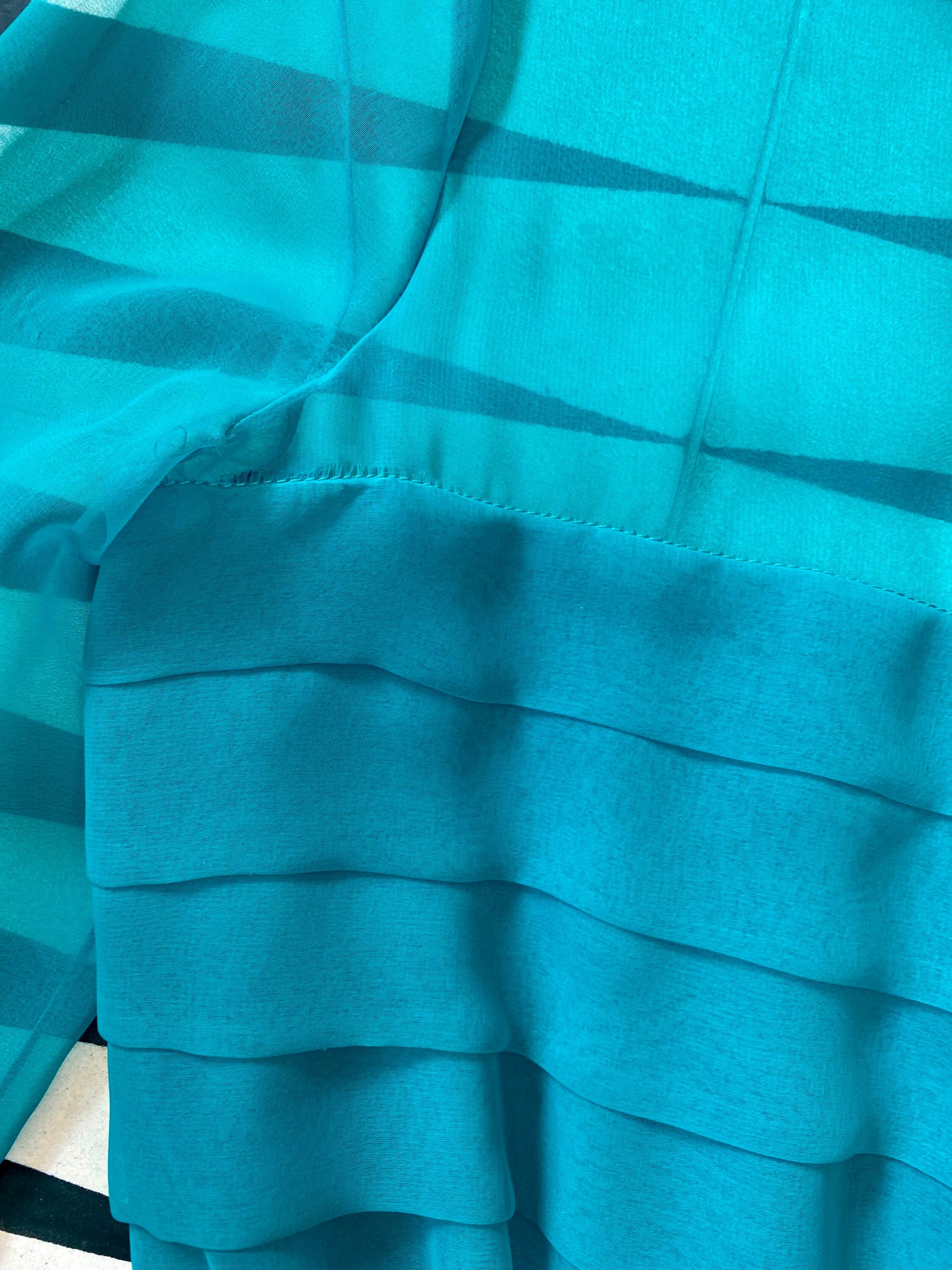 60s Mollie PARNIS Teal Turquoise Green Chiffon Full Skirt Pleated Bodice Long Sheer Sleeves Maxi Dress