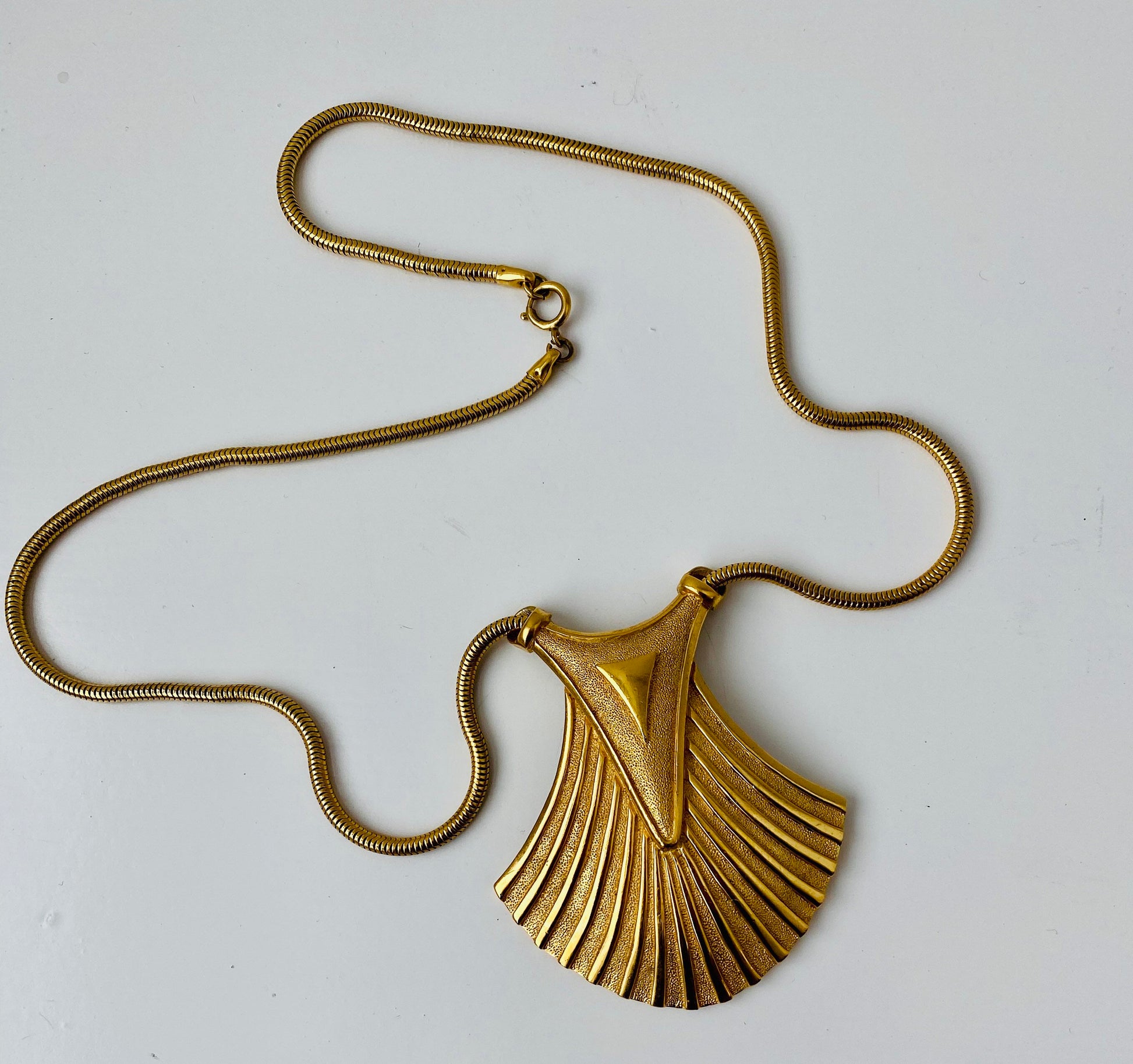 1970s TRIFARI Signed Egyptian Revival Gold Necklace Snake Chain Art Deco Style 25" Long
