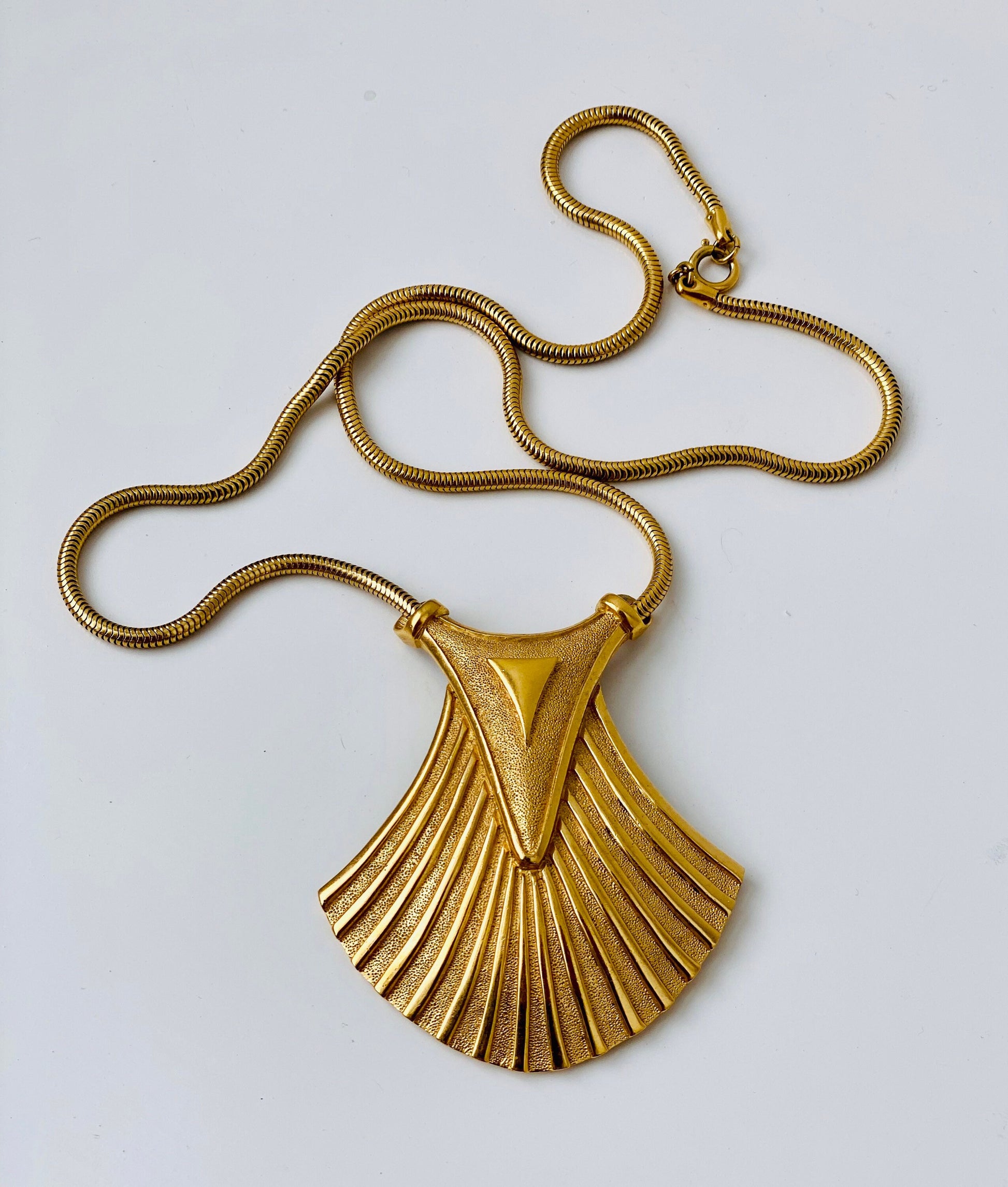 1970s TRIFARI Signed Egyptian Revival Gold Necklace Snake Chain Art Deco Style 25" Long