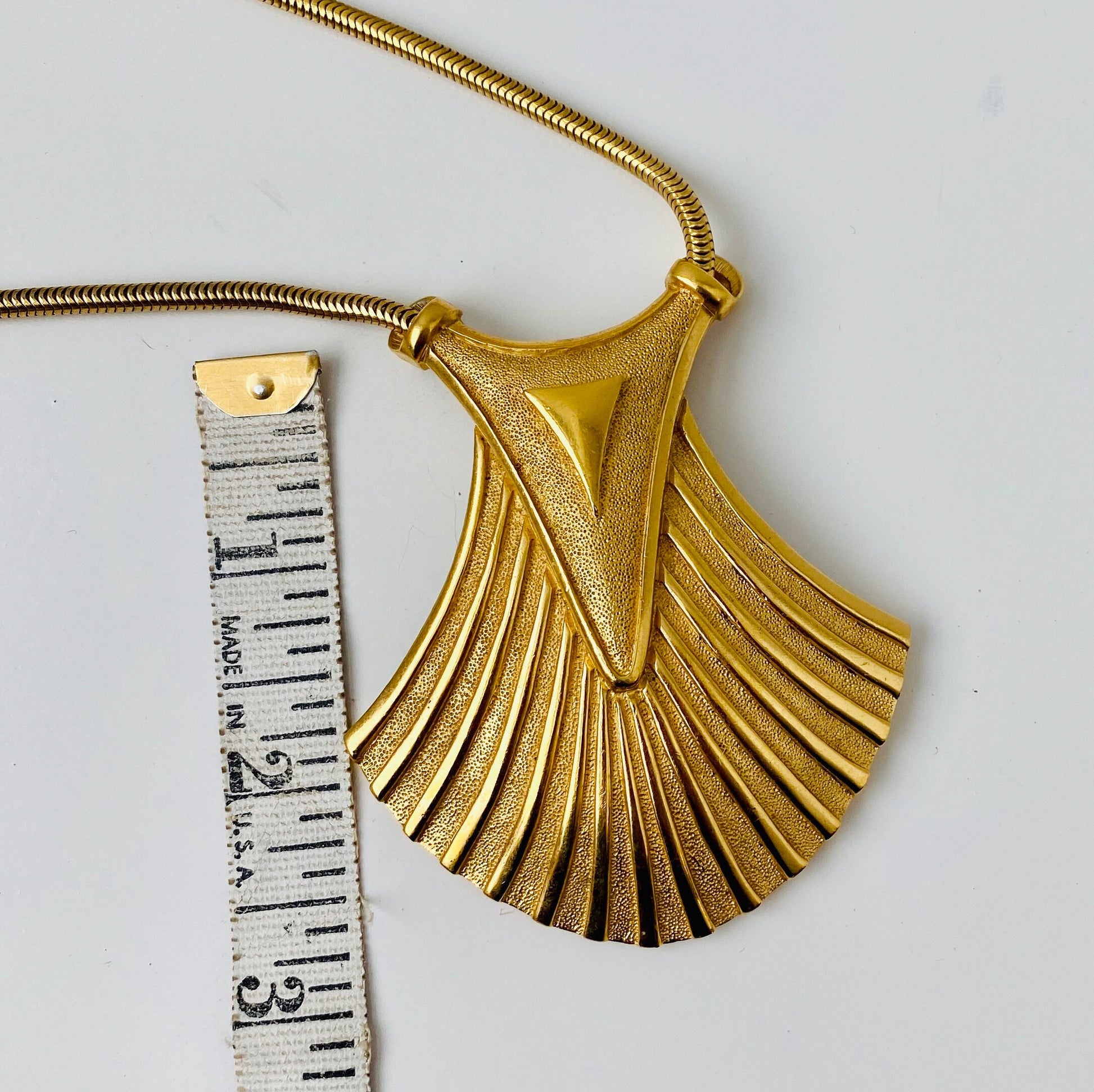 1970s TRIFARI Signed Egyptian Revival Gold Necklace Snake Chain Art Deco Style 25" Long