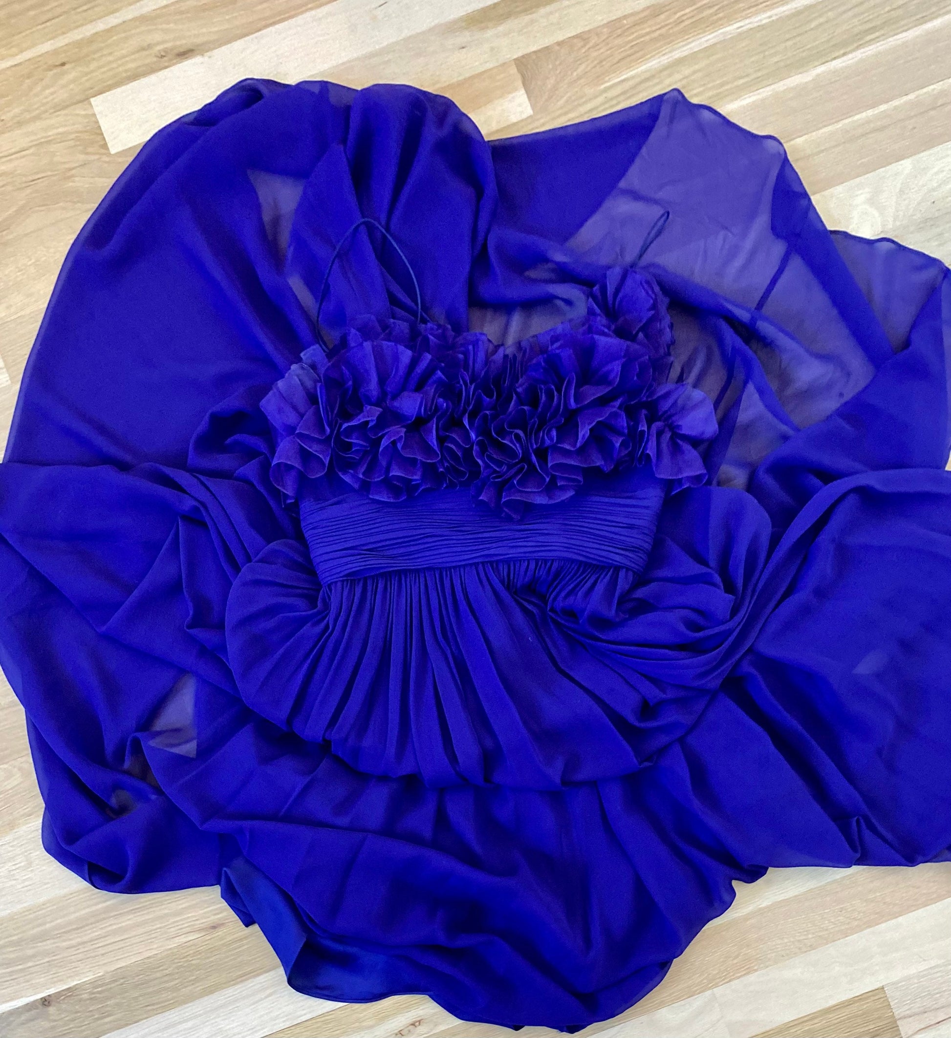 MARCHESA Notte Purple Silk Chiffon Ruffled 3D Strappy Maxi Gown Size 4