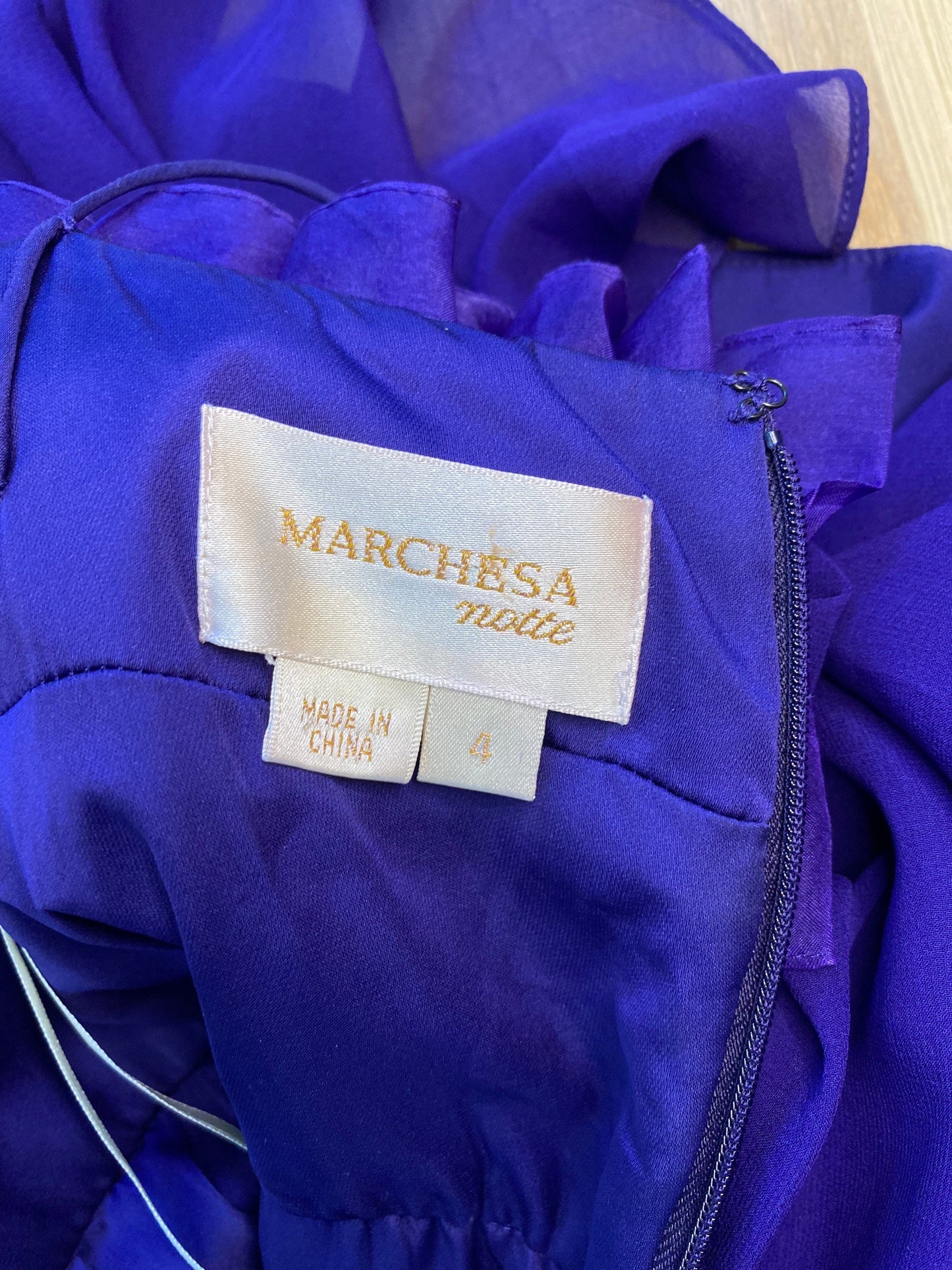 MARCHESA Notte Purple Silk Chiffon Ruffled 3D Strappy Maxi Gown Size 4