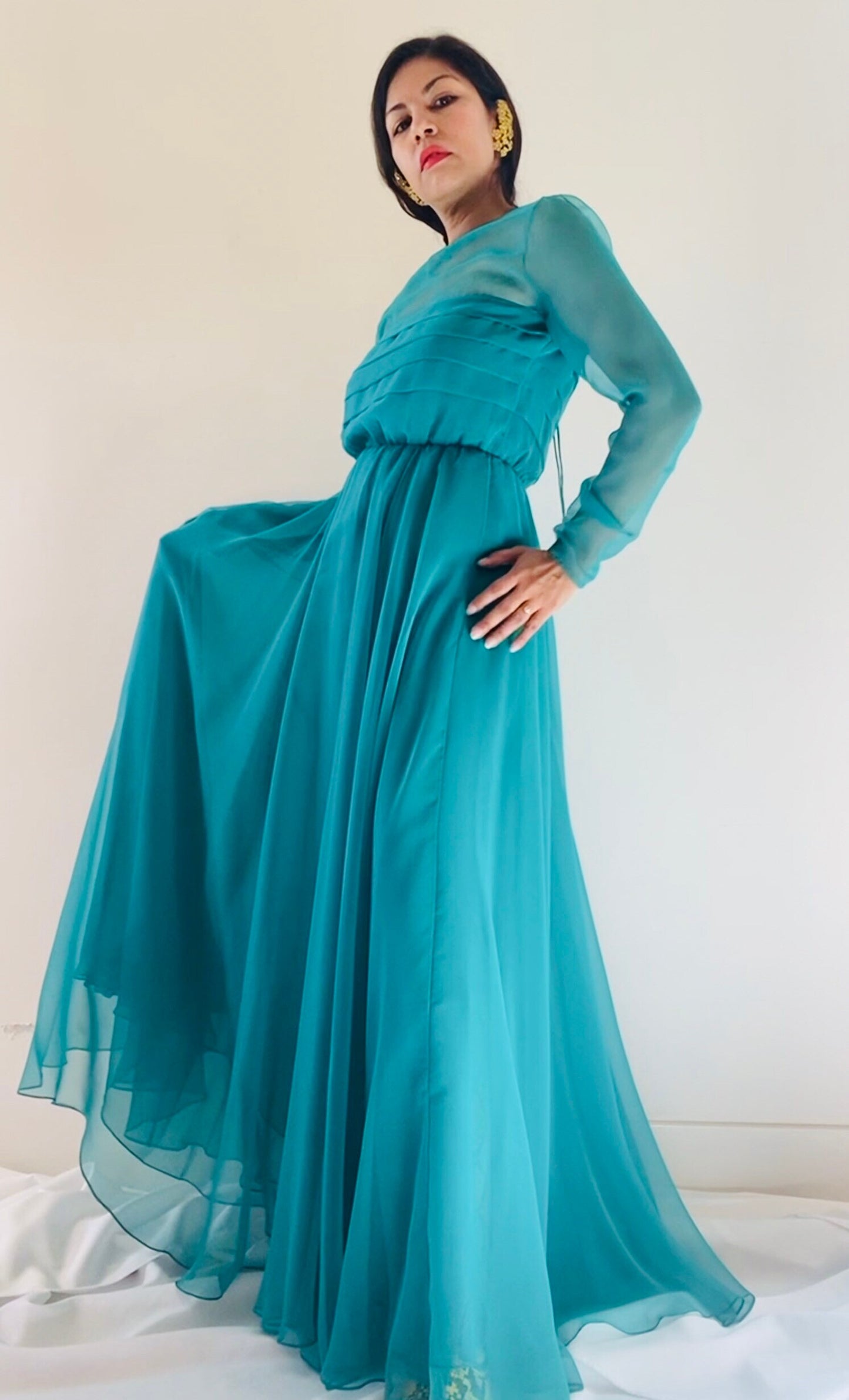 60s Mollie PARNIS Teal Turquoise Green Chiffon Full Skirt Pleated Bodice Long Sheer Sleeves Maxi Dress