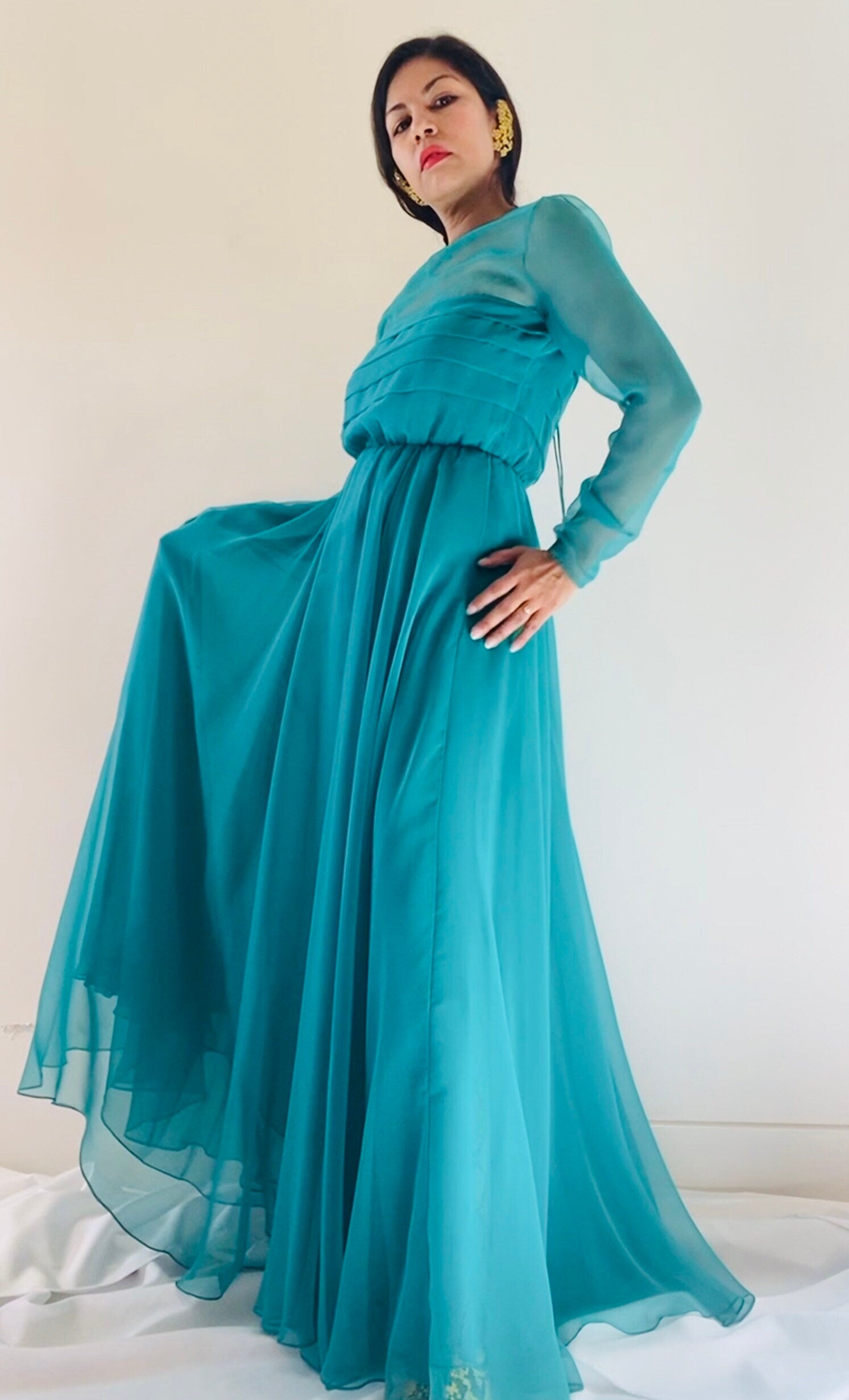 60s Mollie PARNIS Teal Turquoise Green Chiffon Full Skirt Pleated Bodice Long Sheer Sleeves Maxi Dress