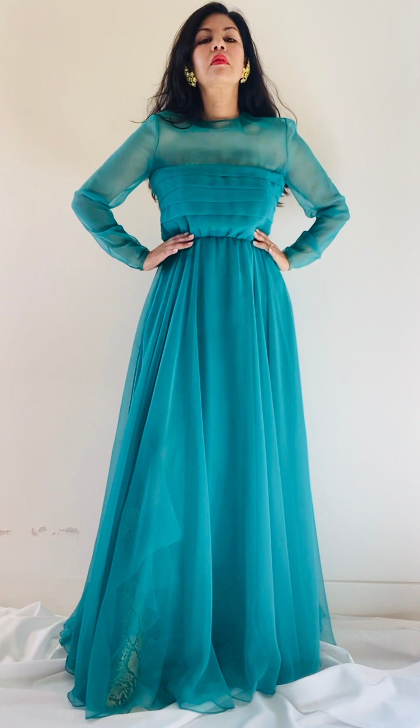 60s Mollie PARNIS Teal Turquoise Green Chiffon Full Skirt Pleated Bodice Long Sheer Sleeves Maxi Dress