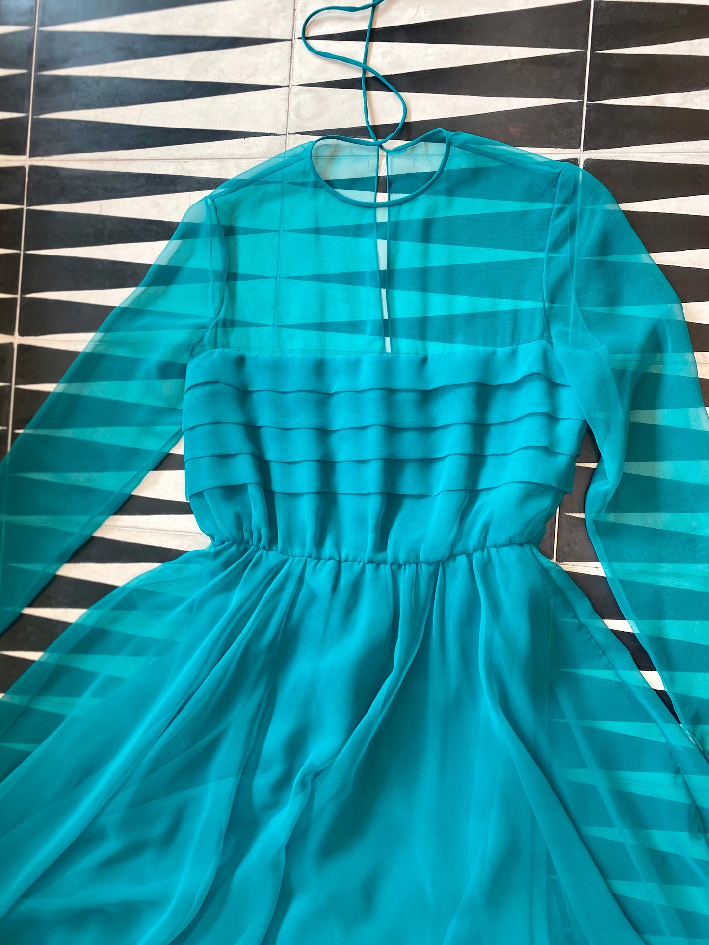 60s Mollie PARNIS Teal Turquoise Green Chiffon Full Skirt Pleated Bodice Long Sheer Sleeves Maxi Dress