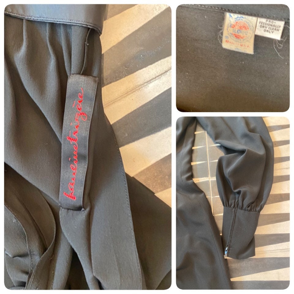 Pauline Trigere Silk LBD Corset Waist Dramatic Collar Balloon Sleeves Midi Dress