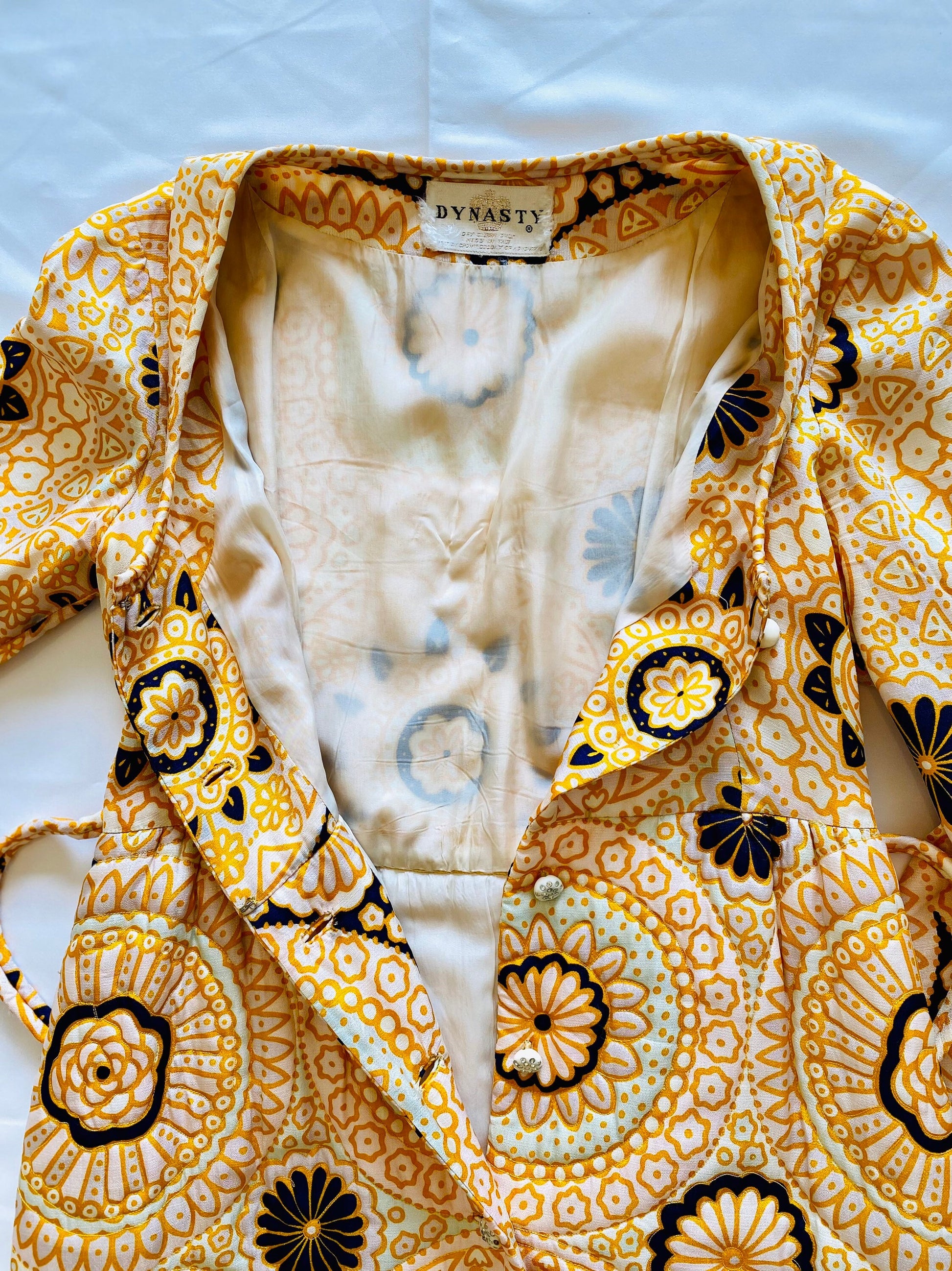 60s Dynasty Hong Kong Retro Printed Long Sleeves Quilted Maxi Hostess Dress