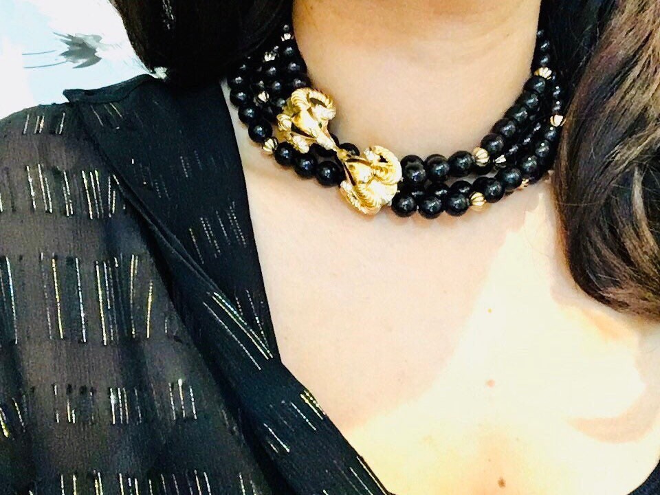 SALE 80s Kenneth J Lane Designer Signed Multi Strand Glam Necklace/ Double Strand Dramatic Ram Head / Party Necklace / Kenneth Jay Lane