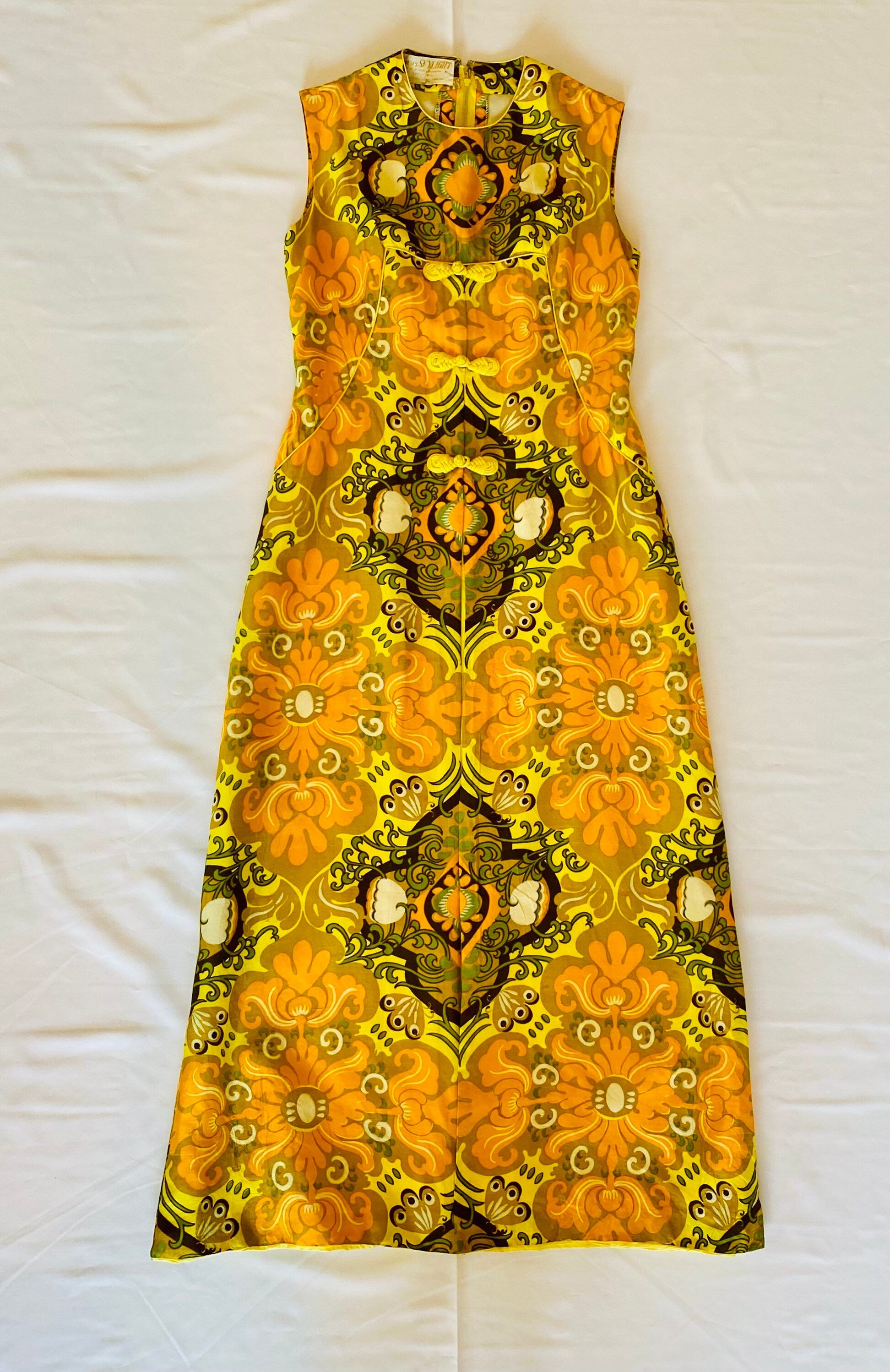 60s Psychedelic Chartreuse Thai Silk Hostess Dress Caftan Mandarin Collar