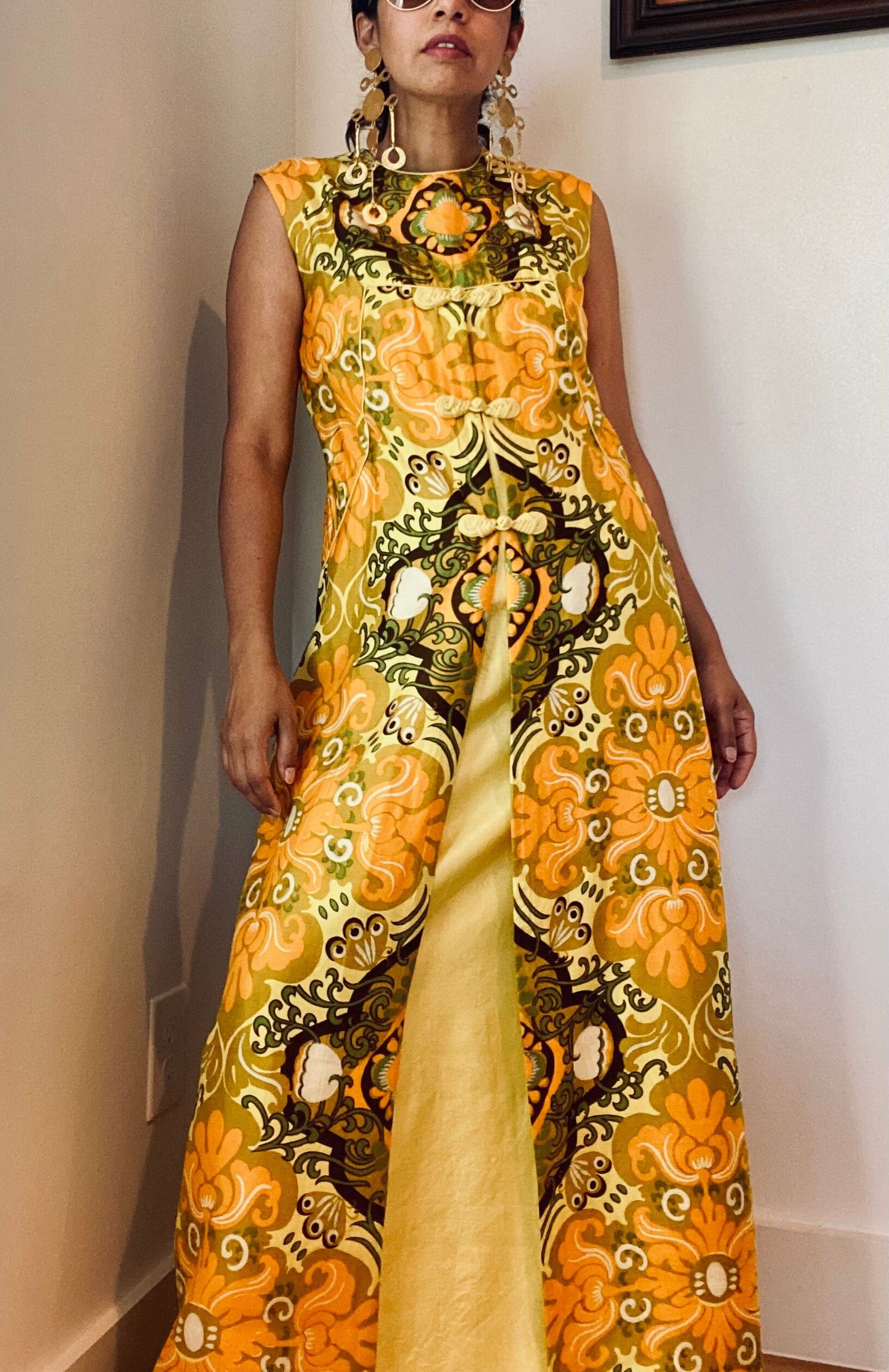 60s Psychedelic Chartreuse Thai Silk Hostess Dress Caftan Mandarin Collar