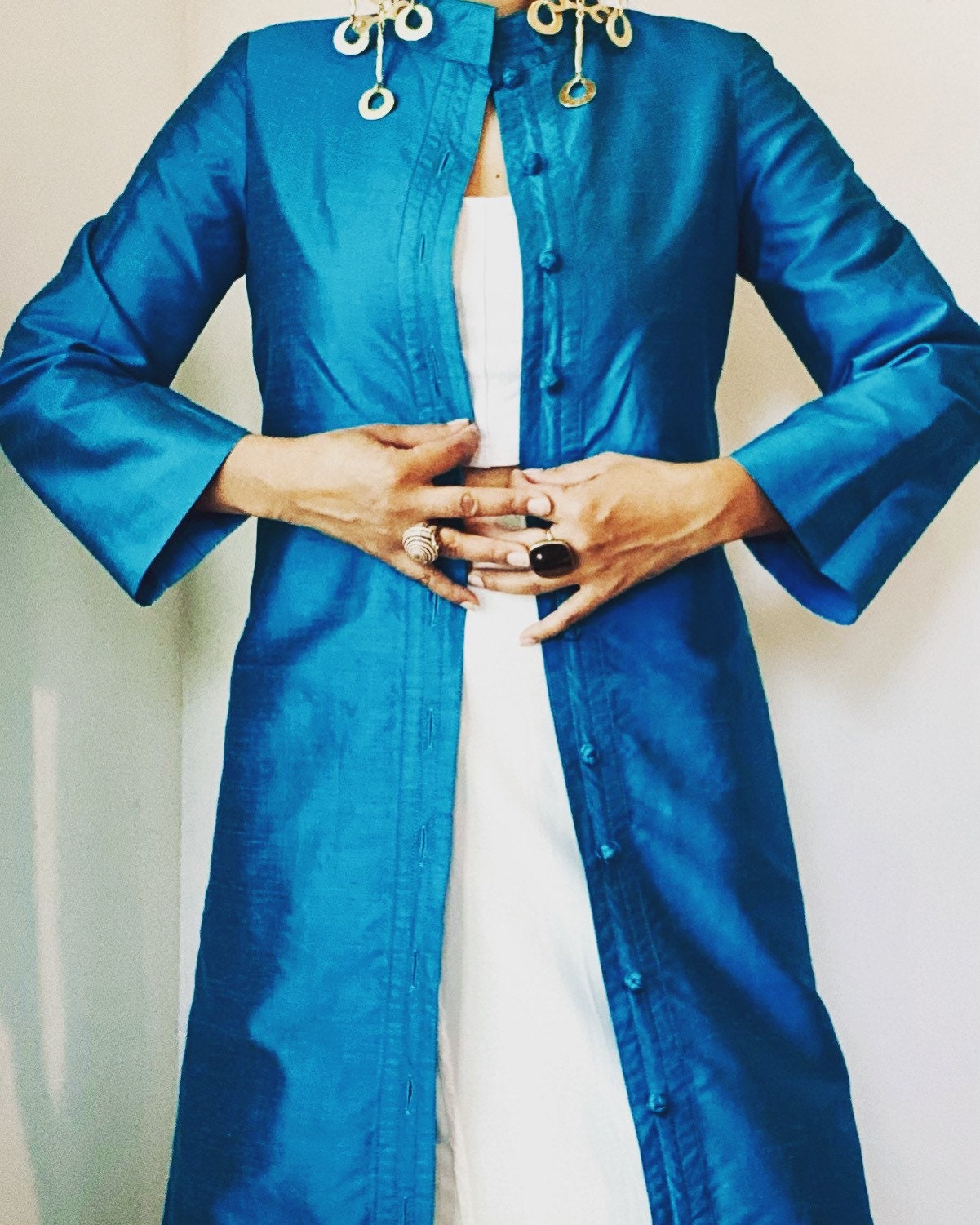 70s Star of Siam Hand Woven Thai Silk Blue Duster Jacket Dress
