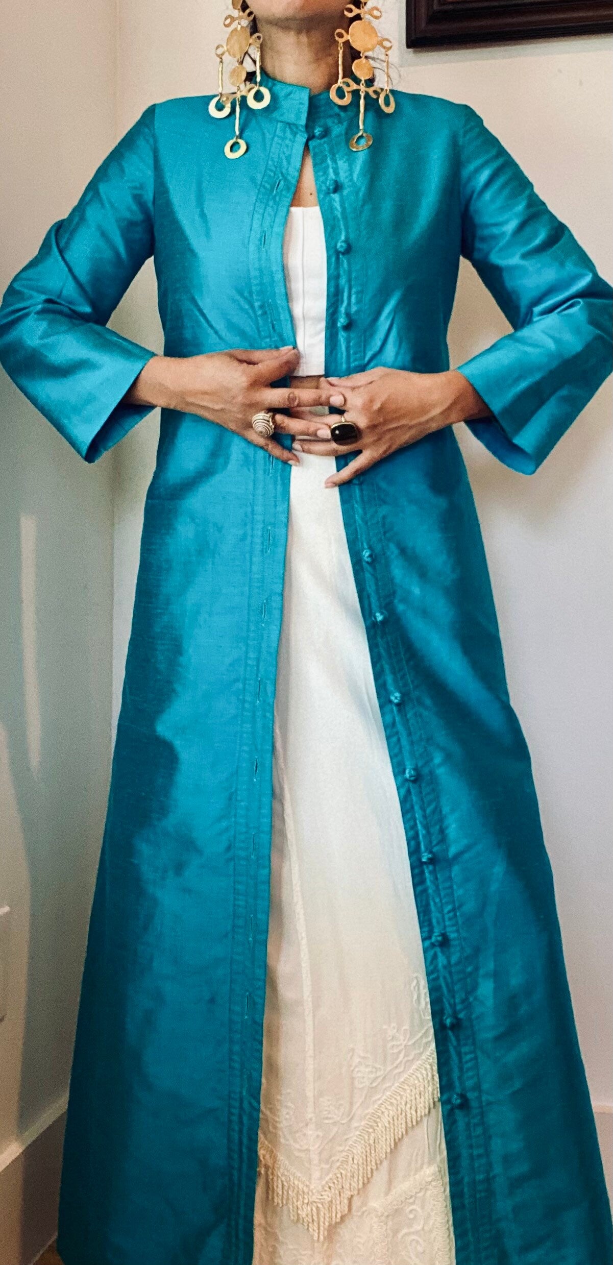 70s Star of Siam Hand Woven Thai Silk Blue Duster Jacket Dress