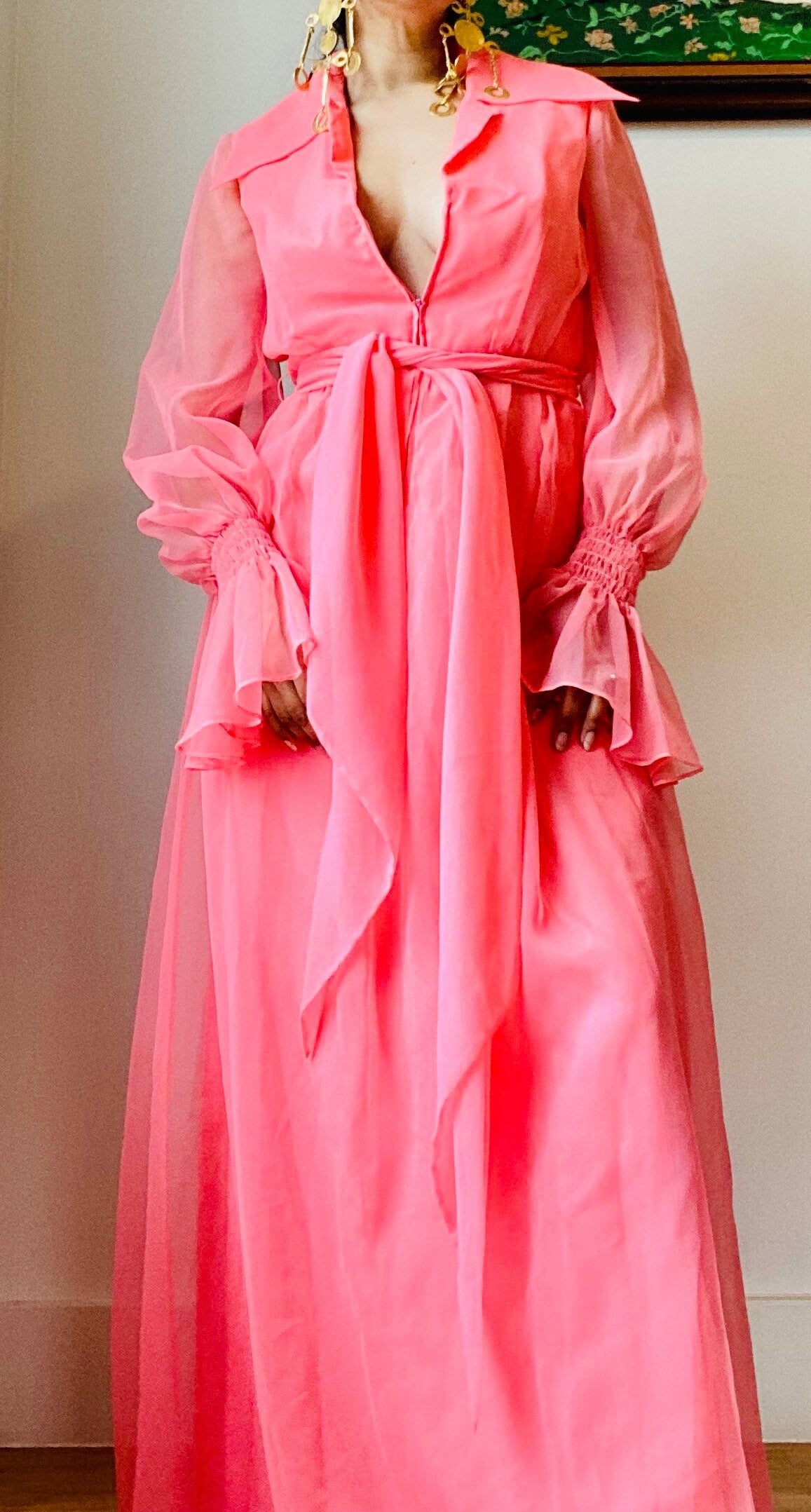 Anne FOGARTY Pink Chiffon Ruffled Sheer Dramatic Sleeves Butterfly Collar Maxi Dress
