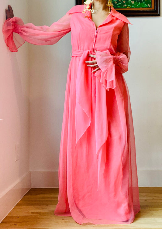 Anne FOGARTY Pink Chiffon Ruffled Sheer Dramatic Sleeves Butterfly Collar Maxi Dress