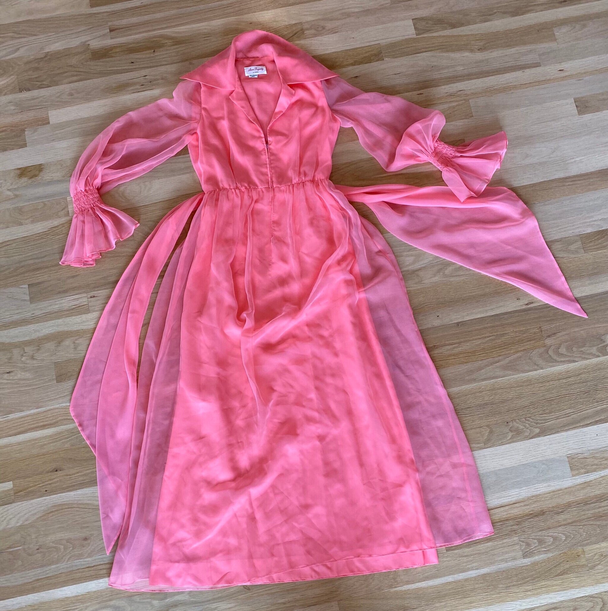 Anne FOGARTY Pink Chiffon Ruffled Sheer Dramatic Sleeves Butterfly Collar Maxi Dress