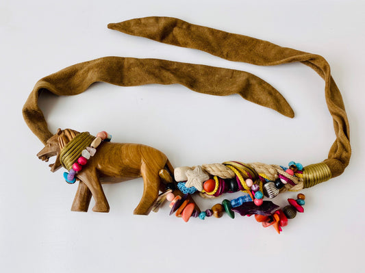 80s Statement OOAK Handmade Belt Sash Suede Silk Wood Lion Beaded