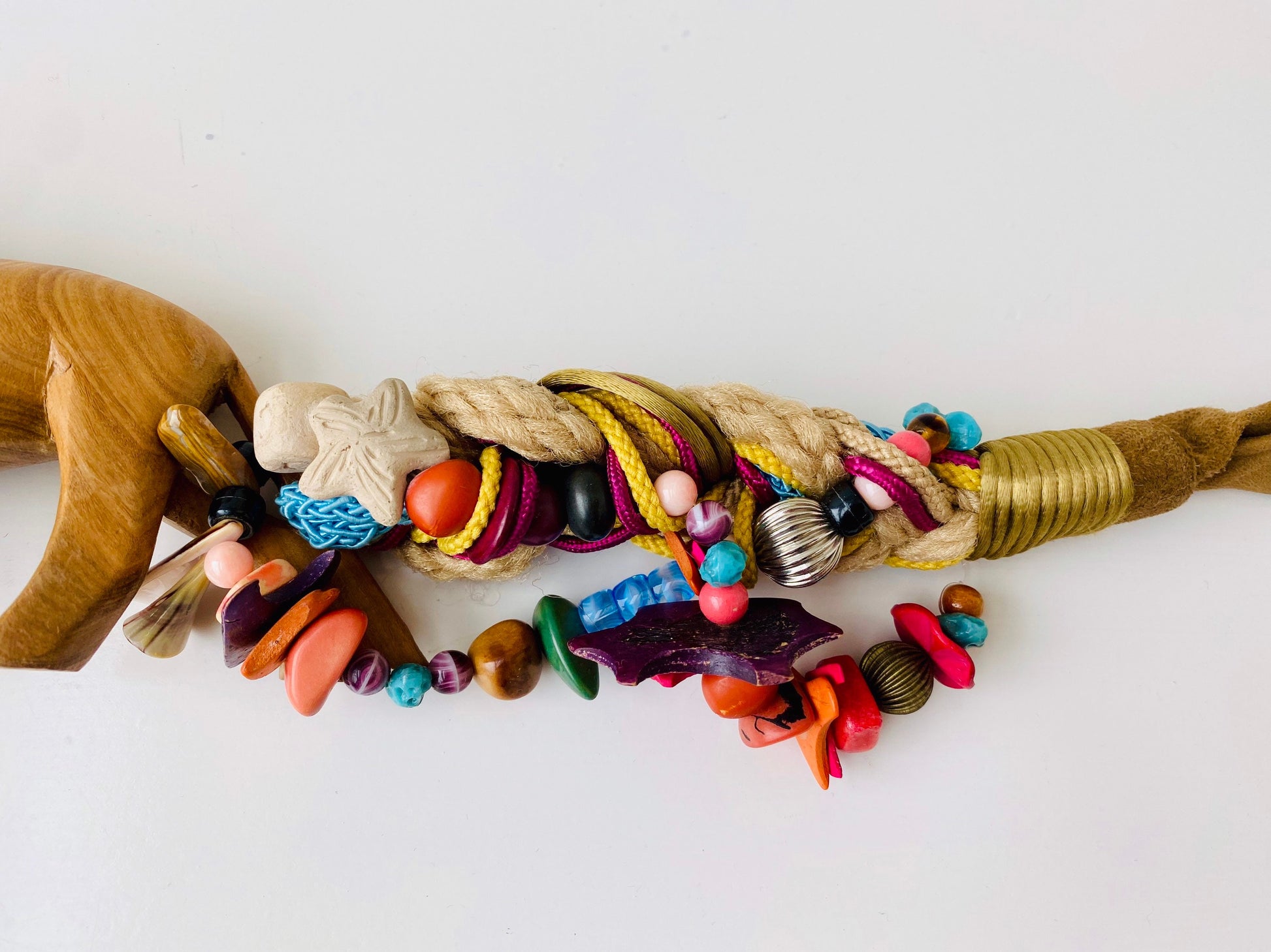 80s Statement OOAK Handmade Belt Sash Suede Silk Wood Lion Beaded