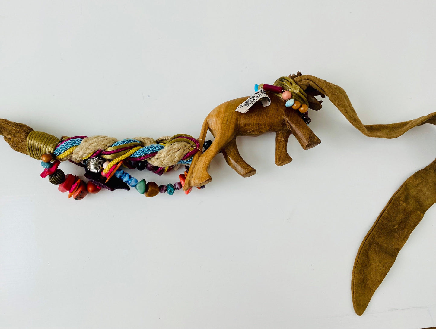 80s Statement OOAK Handmade Belt Sash Suede Silk Wood Lion Beaded