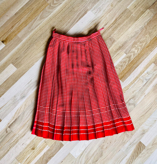 Vintage Red Printed French Preppy Pleated Below The Knee Skirt Size 40 Billy Bonny