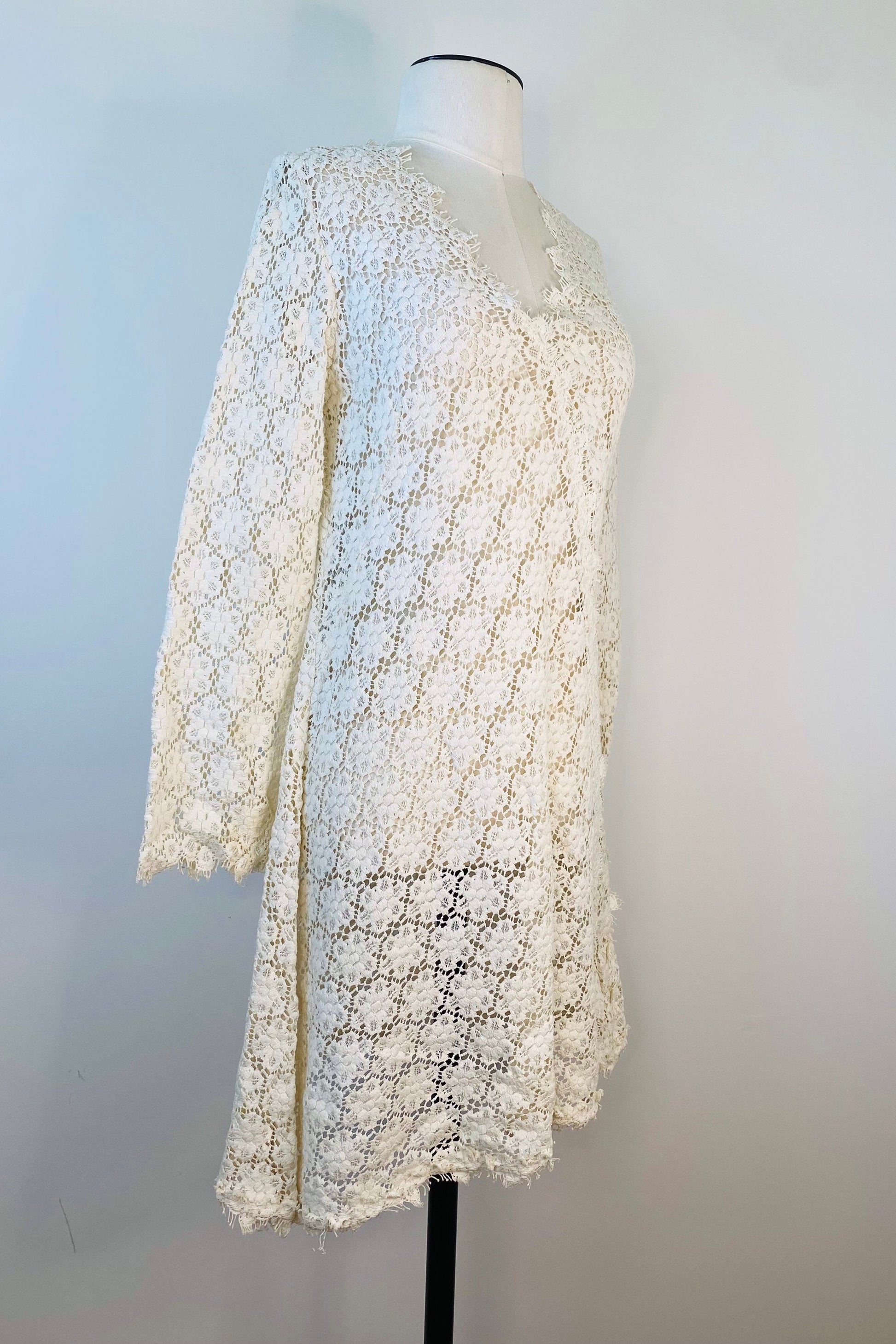 60/70s Hippie Crochet Lace Micro Mini Tunic Dress Flower Power by Rebecca