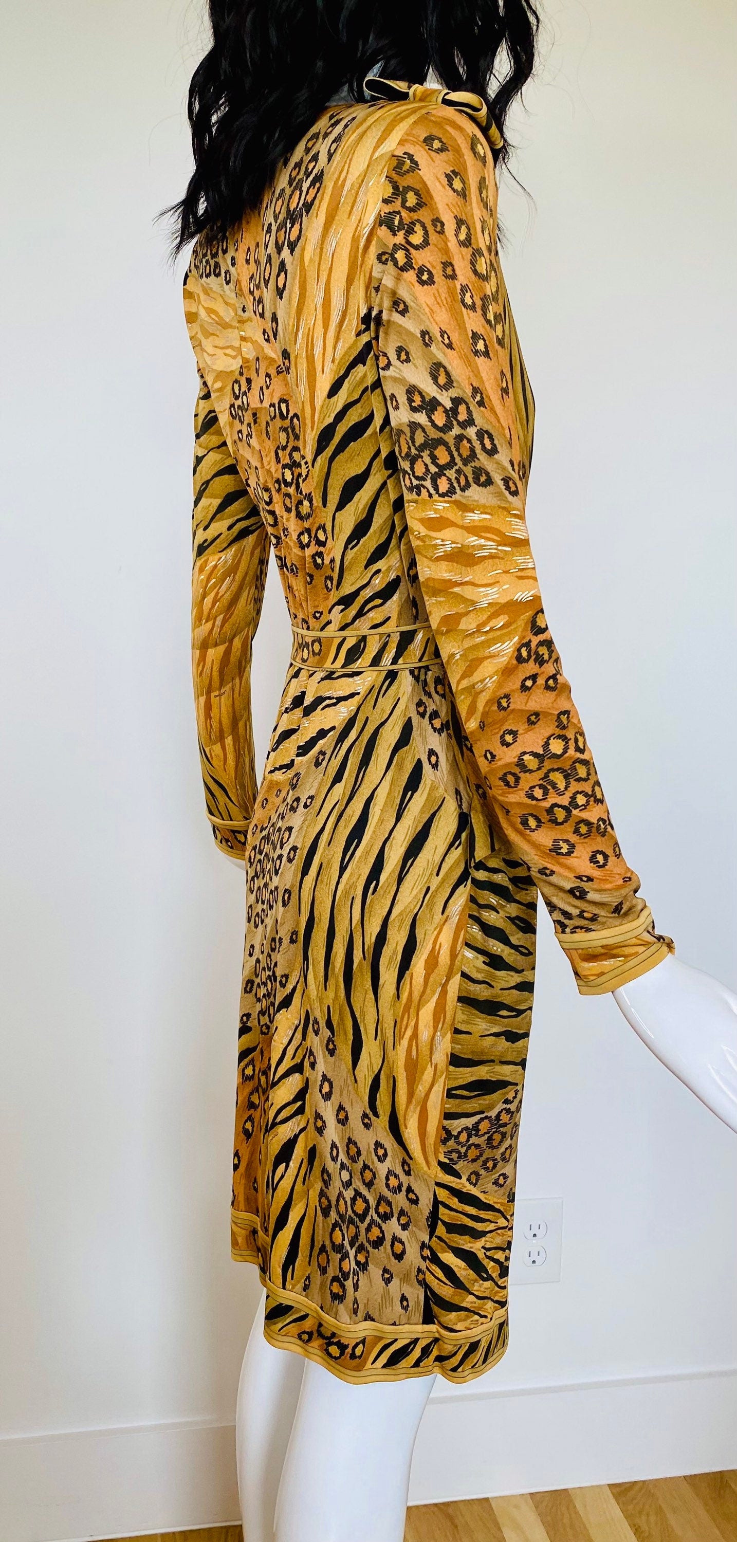 Vintage Leonard Paris Cheetah Print Silk Jersey Wrap Long Sleeves Dress