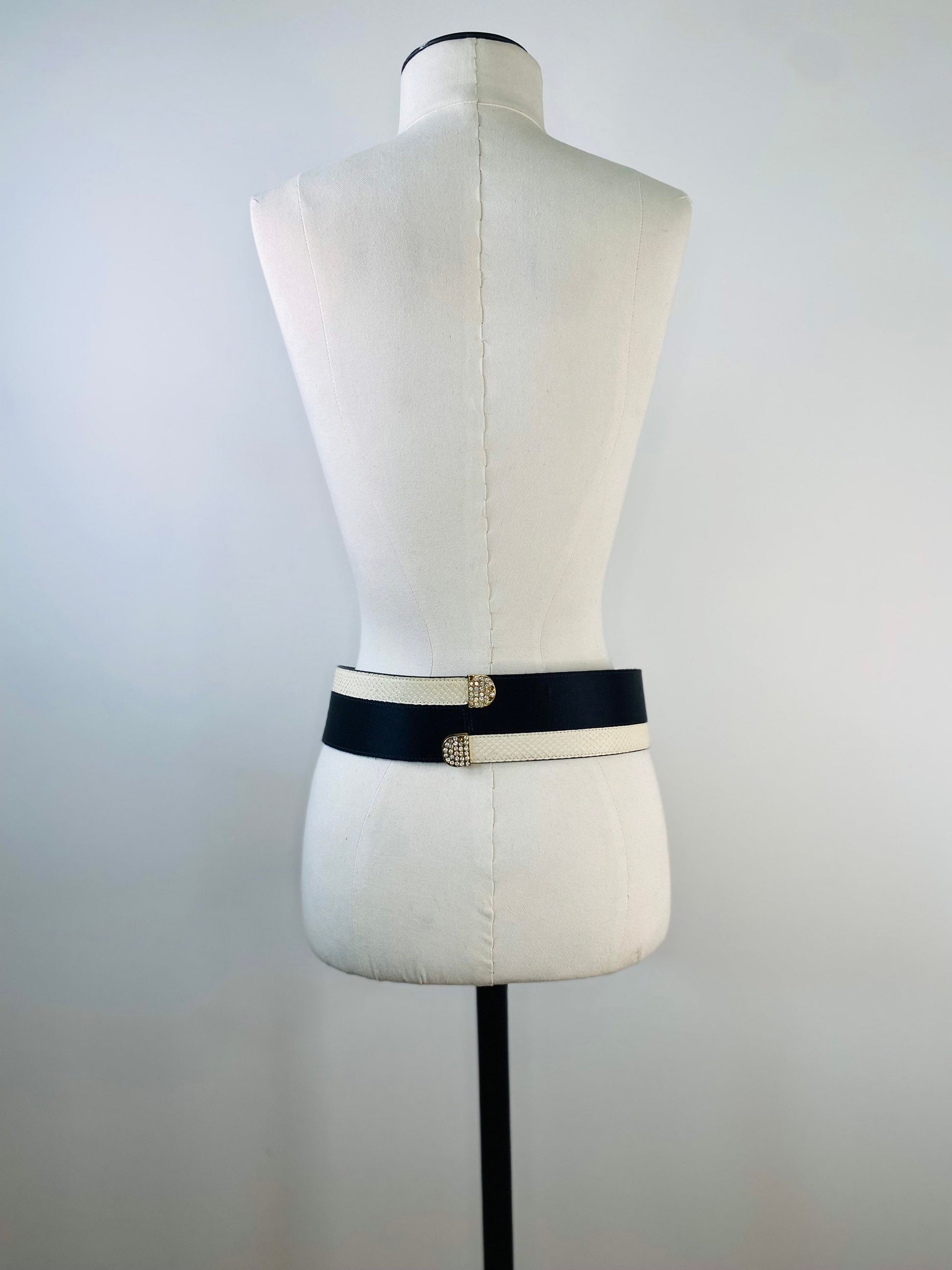 70s Valentino Night Disco Satin Snake Crystal Black and white Wide Waist Belt 30"