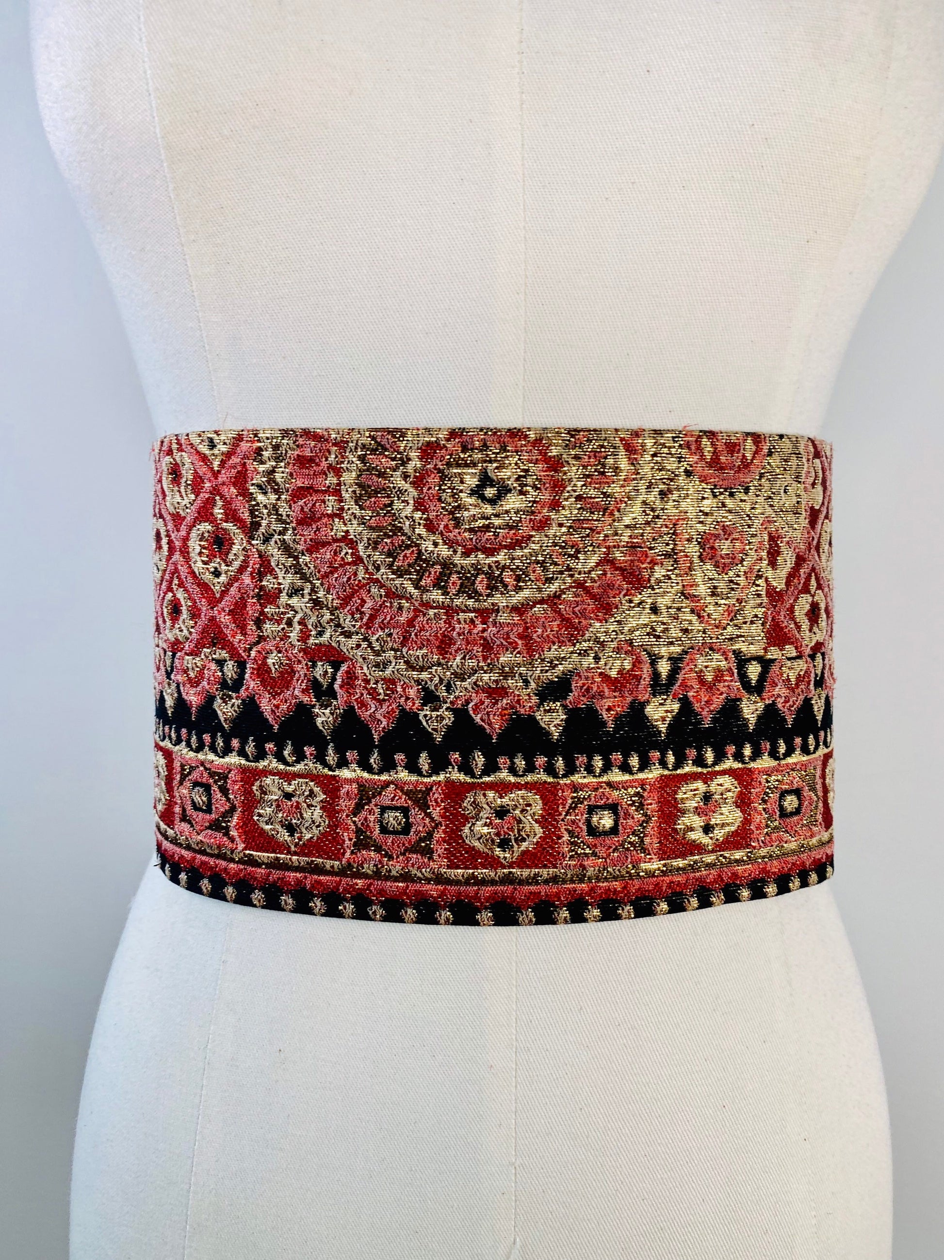 Maurice Rentner Brocade Gold and Red Exquisite Wide Corset Waist Belt 30"